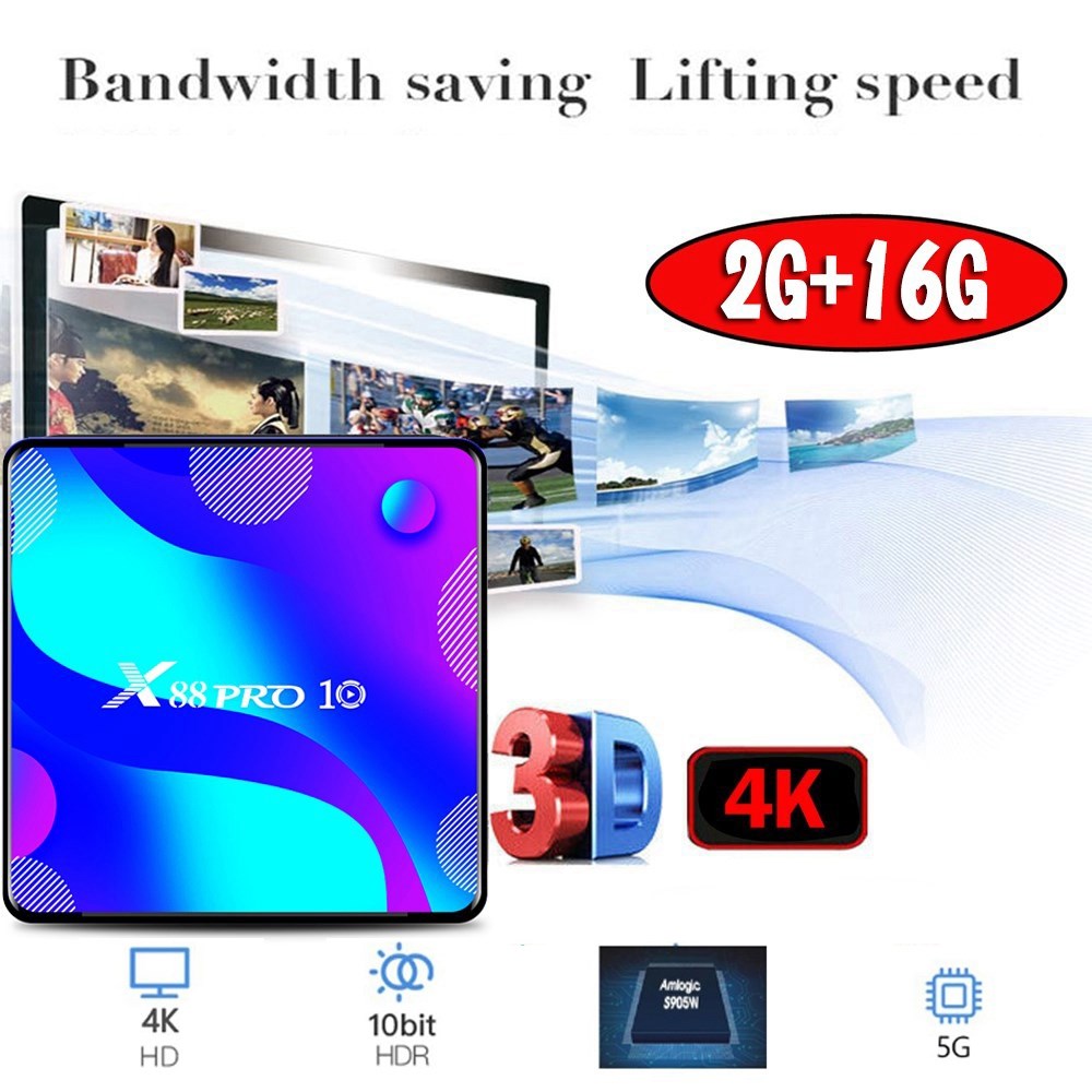 X88 Pro 10 Android 11 TV Box, 2GB RAM 16GB ROM, RK3318 Quad-Core, 4K, Dual-Band WiFi, Bluetooth, USB 3.0