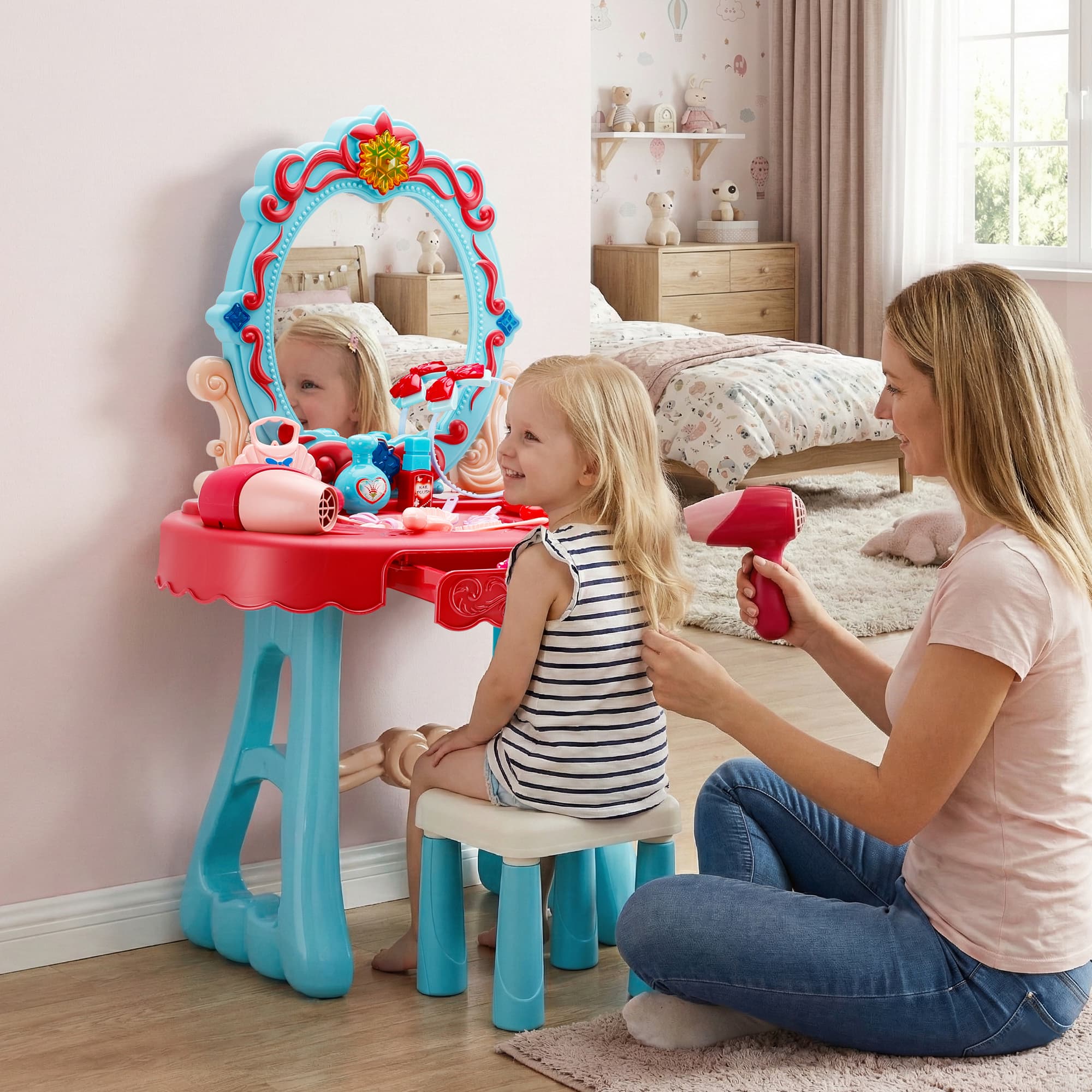 Toddler Makeup Table with Mirror and Chair Kids Vanity Set with Blowdryer for 3+