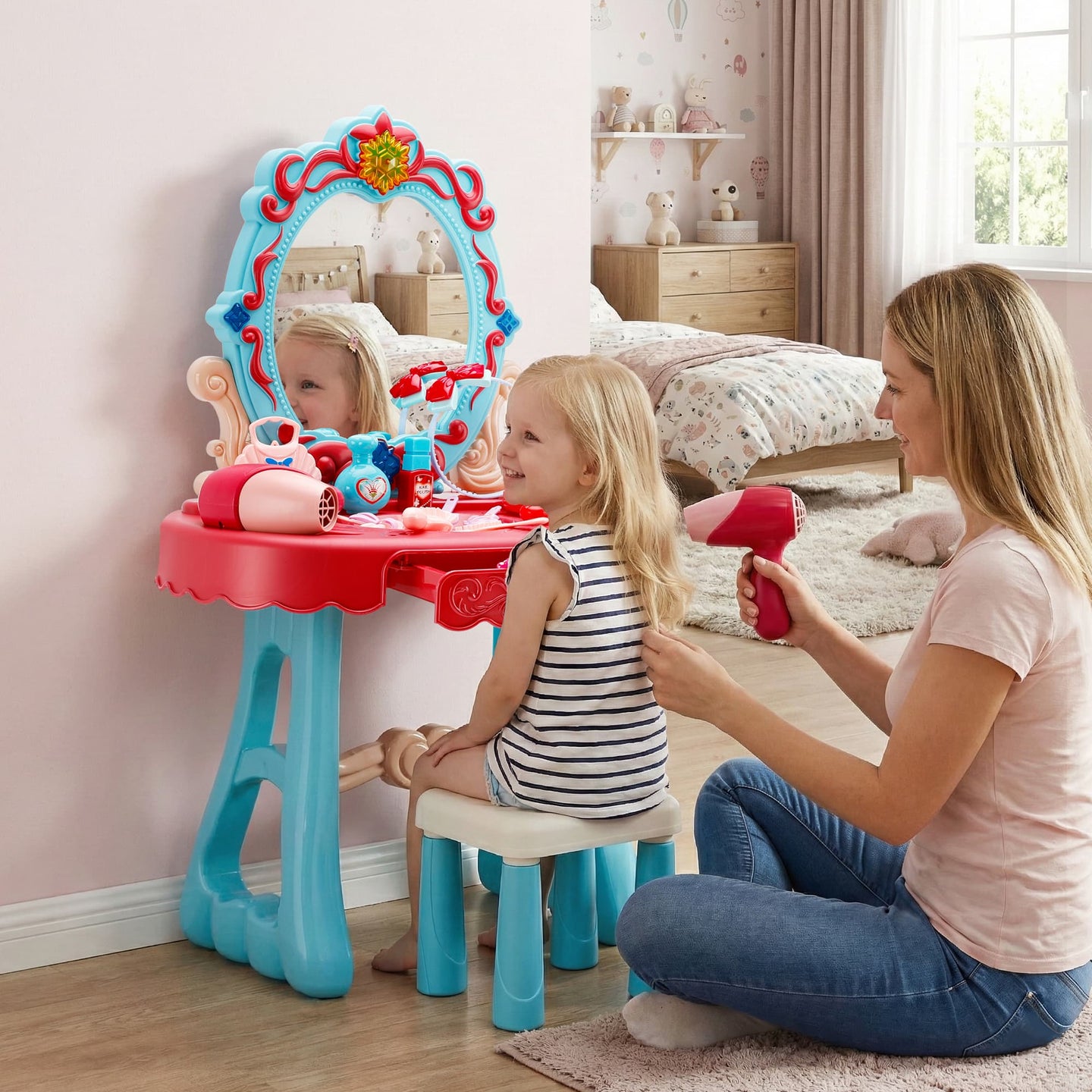 Toddler Makeup Table with Mirror and Chair Kids Vanity Set with Blowdryer for 3+