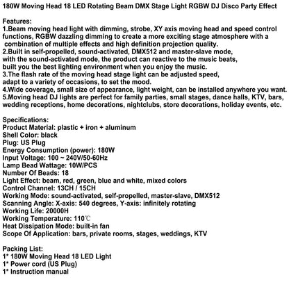 180W RGBW LED Moving Head Stage Light – 18 Beam Rotating DMX DJ Disco Party Effect