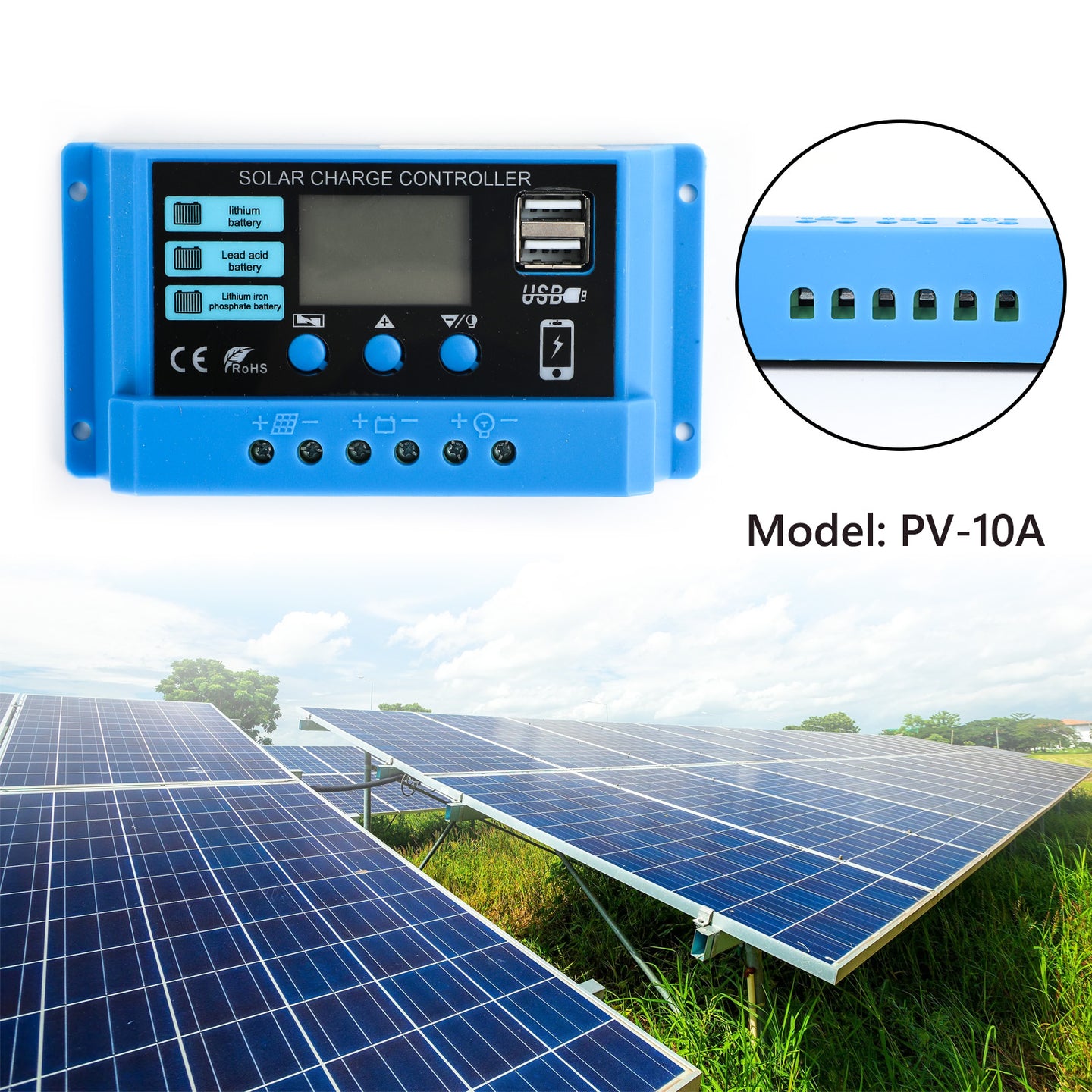10A PWM Solar Charge Controller, 12V/24V Auto, for LiFePO4, Lithium, Lead-Acid & Gel Batteries with LCD & USB