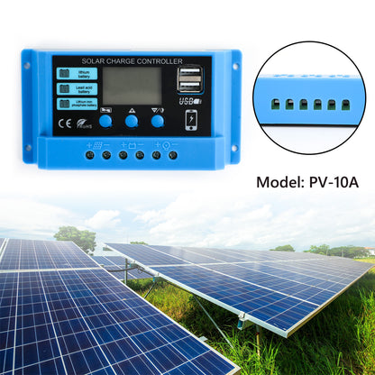 10A PWM Solar Charge Controller 12V/24V PV Regulator for LiFePO4, Lead Acid & Gel Batteries