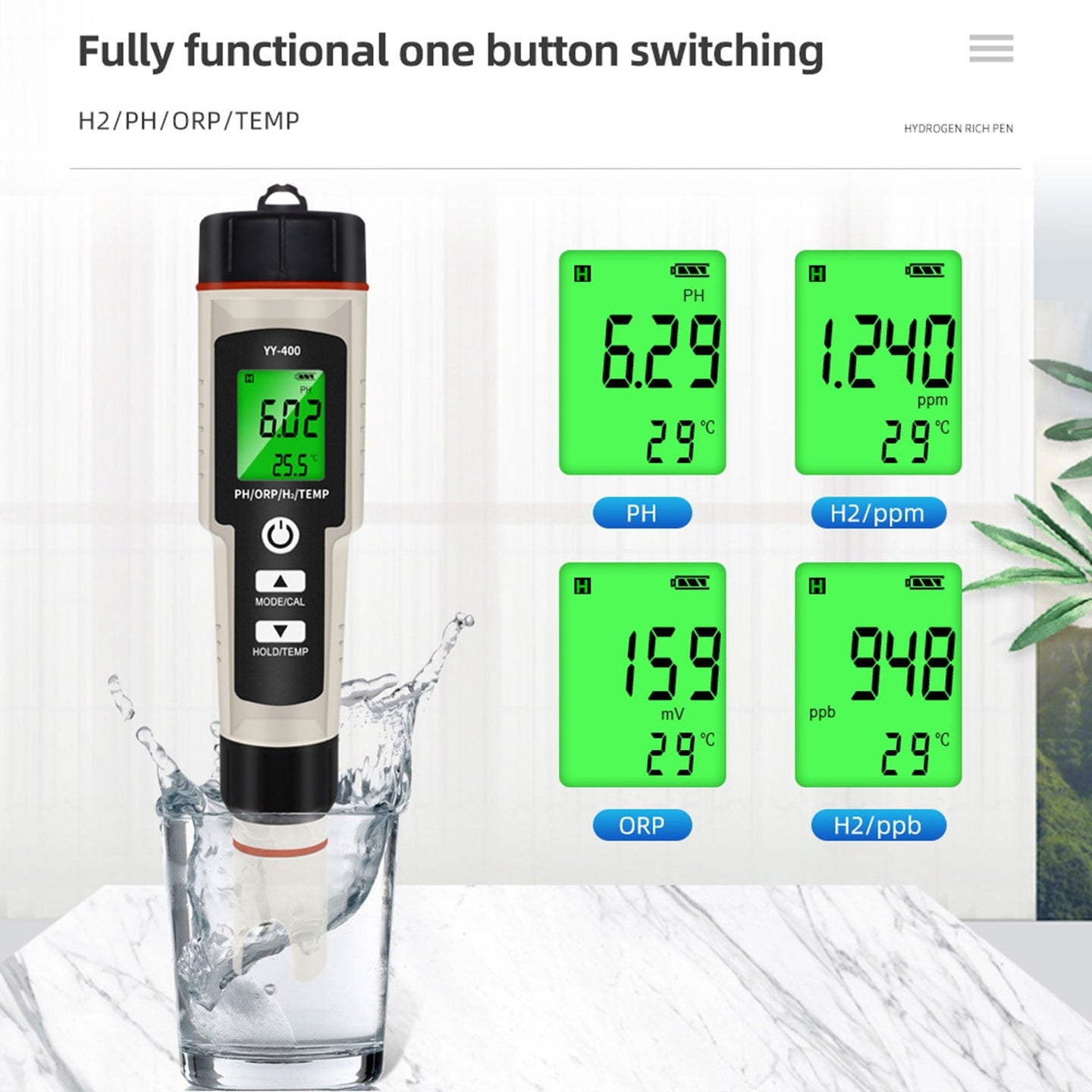 Portable 4-in-1 Hydrogen-Rich Water Test Pen – PH, ORP, Temp Meter Tester