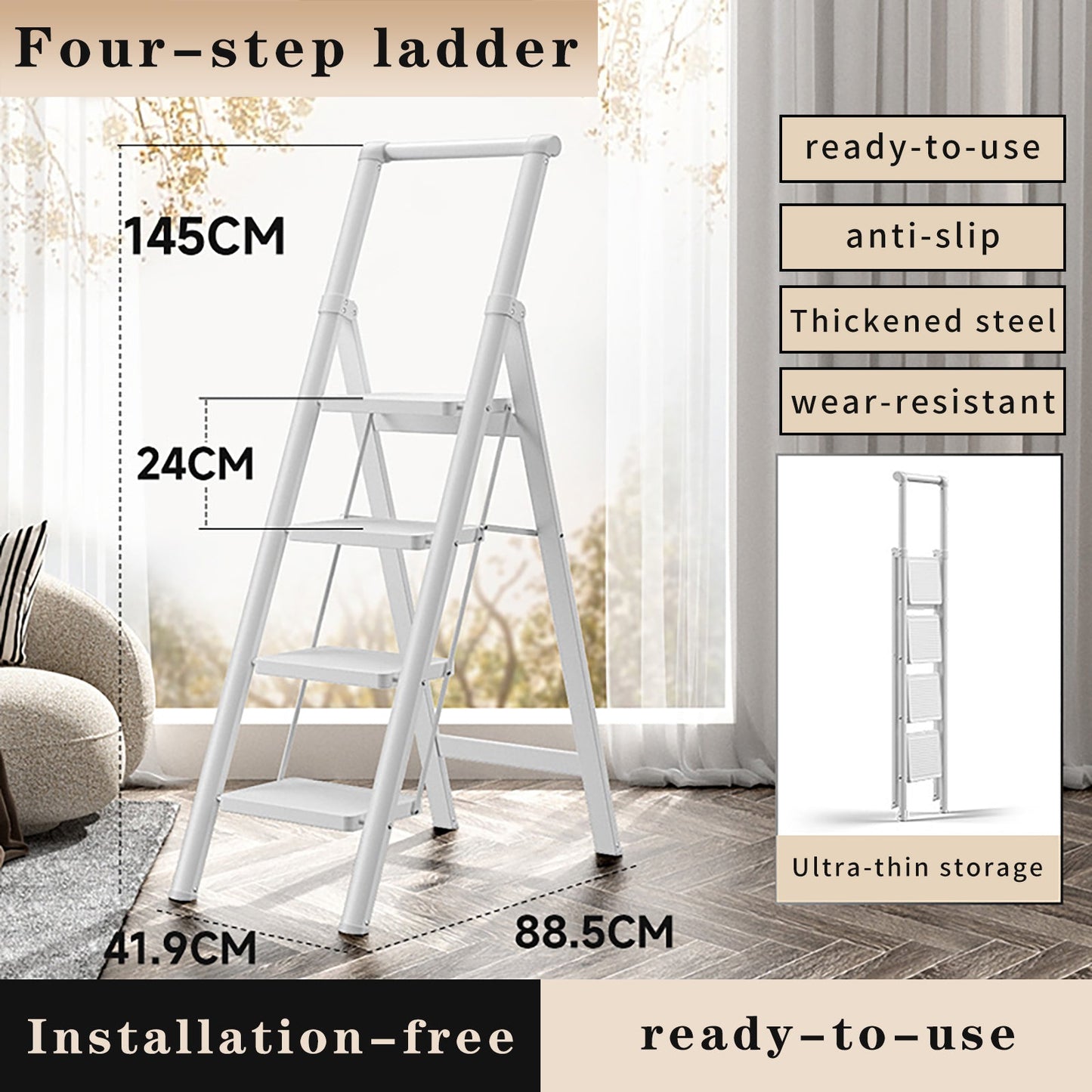 4-Step Ultra-Slim Folding Ladder, 2" Thick Carbon Steel Step Stool with Wide Anti-Slip Pedals, 330 lbs Capacity (White)