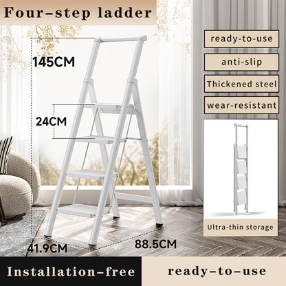 4-Step Ultra-Slim Folding Ladder, 2" Thick Carbon Steel Step Stool with Wide Anti-Slip Pedals, 330 lbs Capacity (White)