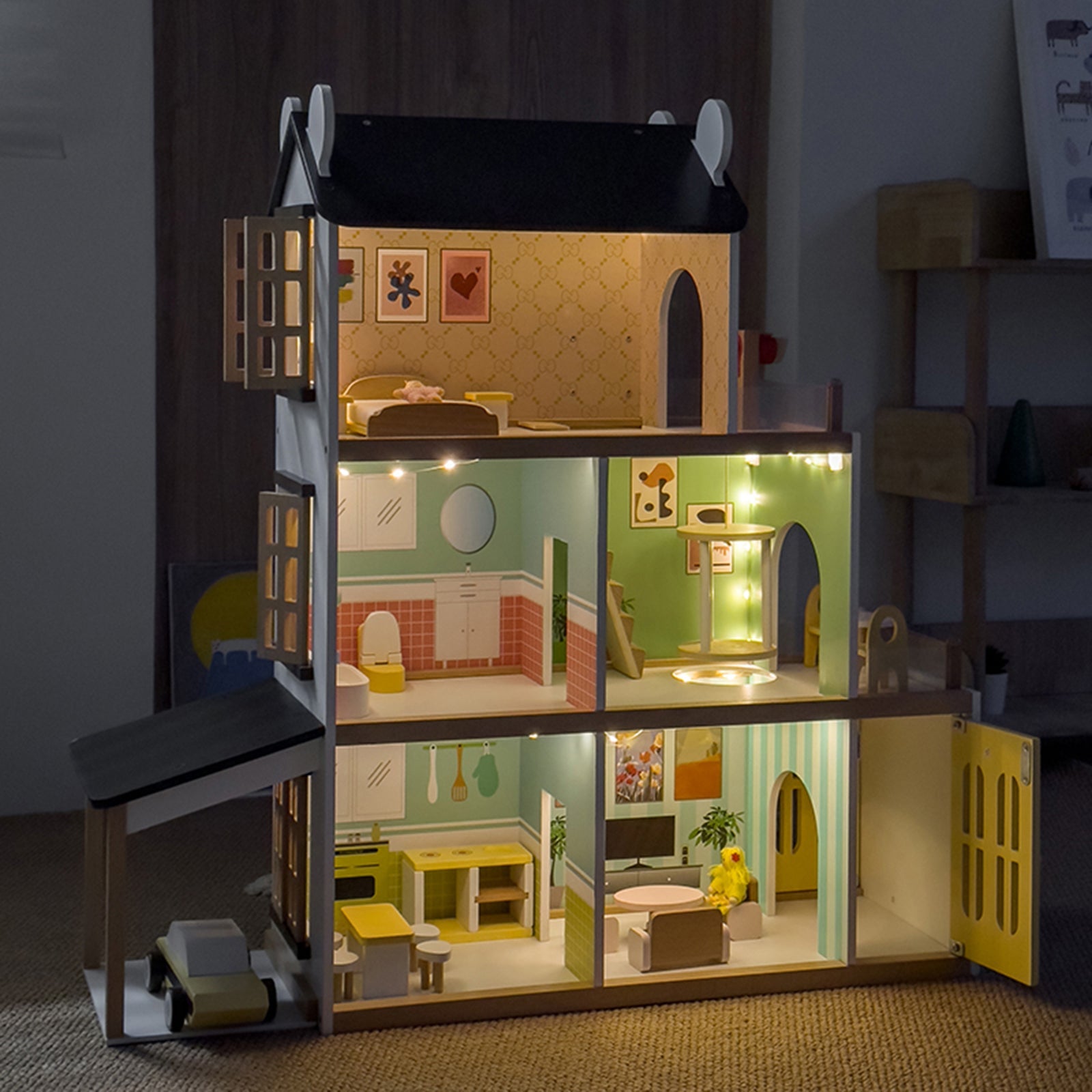 3Story Wooden Lighting Doll House With Balcony 20 Accessories Toy For 3+Year Kid