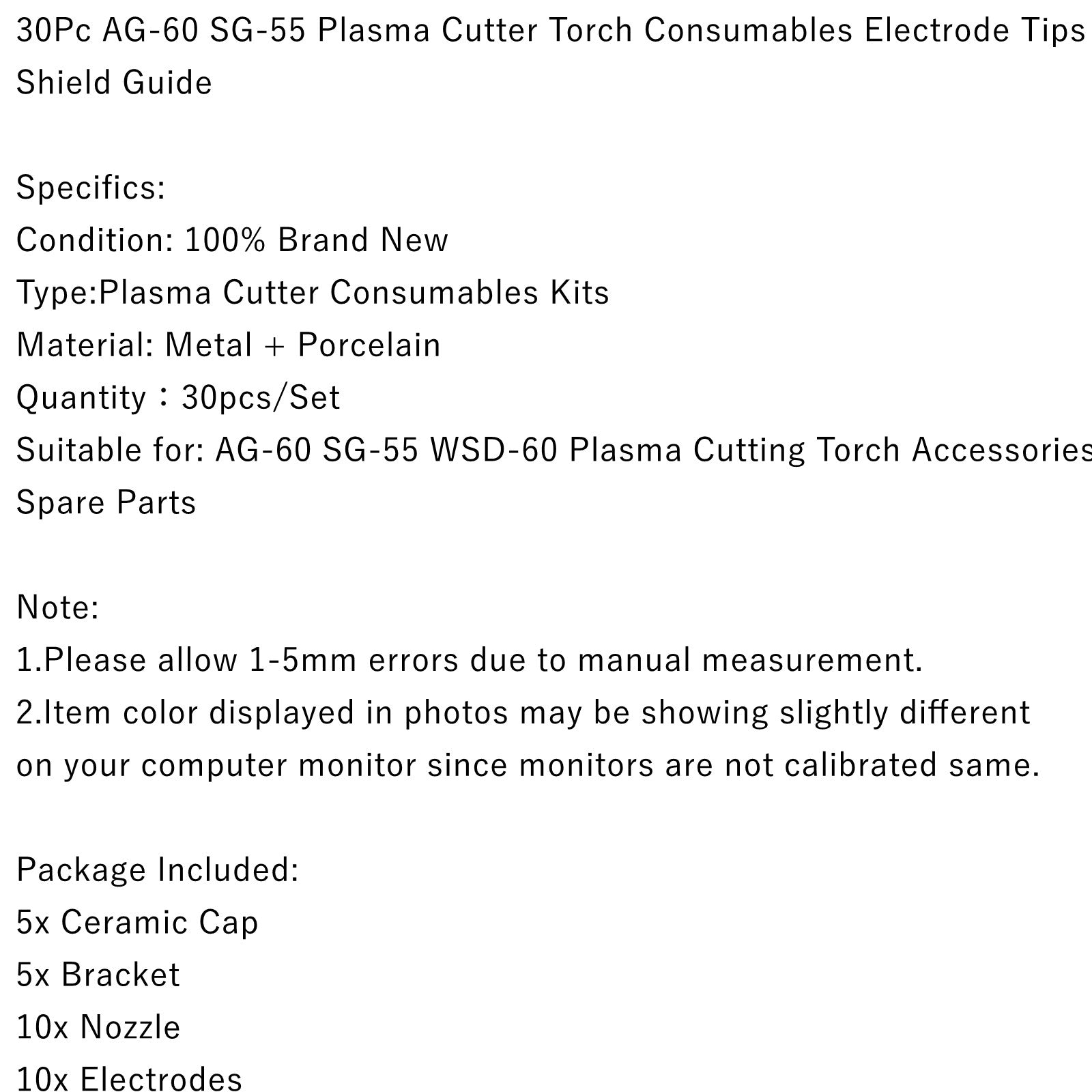 Areyourshop 30Pc AG-60 SG-55 Plasma Cutter Torch Consumables Electrode Tips Shield Guide