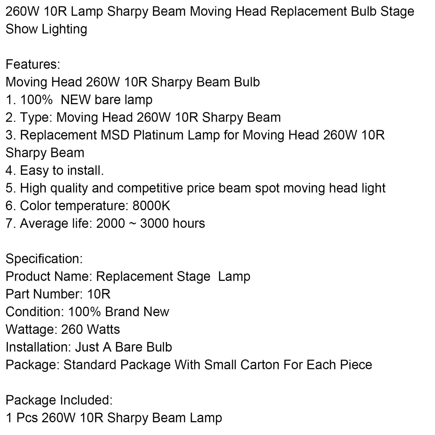 Replacement 10R 260W Bulb – Sharpy Beam Moving Head Stage Lamp