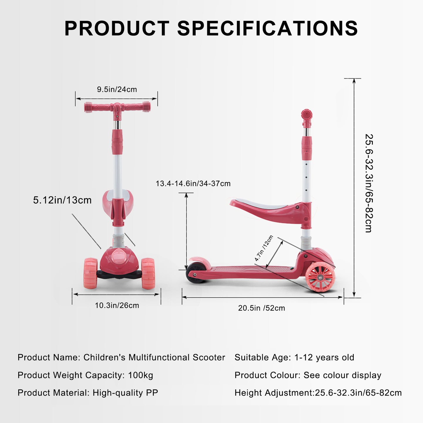 2-in-1 Kids Scooter Foldable Seat Light 3 Wheel Adjustable Folding Bar Pink