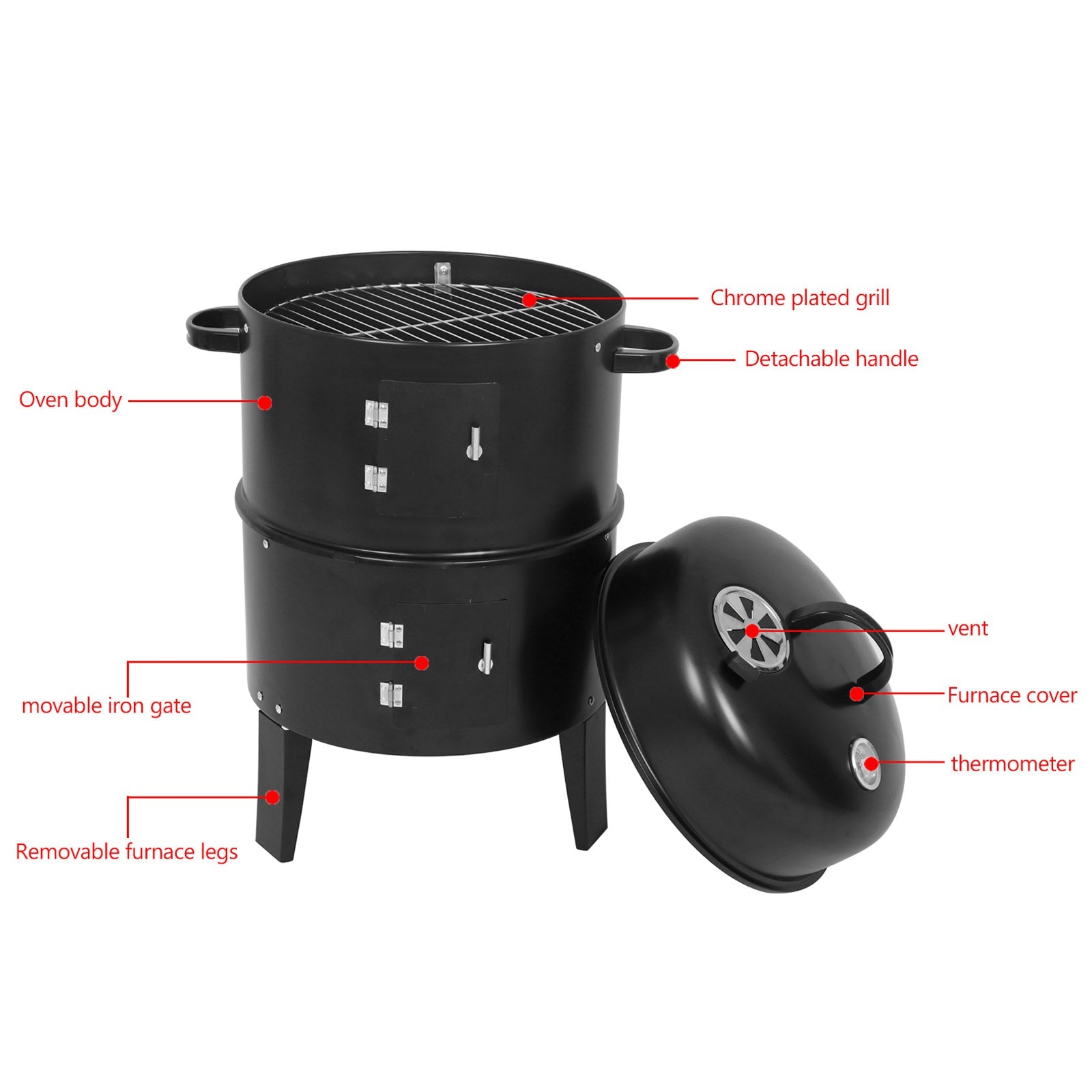 3-in-1 Vertical Charcoal Smoker and BBQ Grill with Built-in Thermometer & 2 Access Doors for Outdoor Cooking