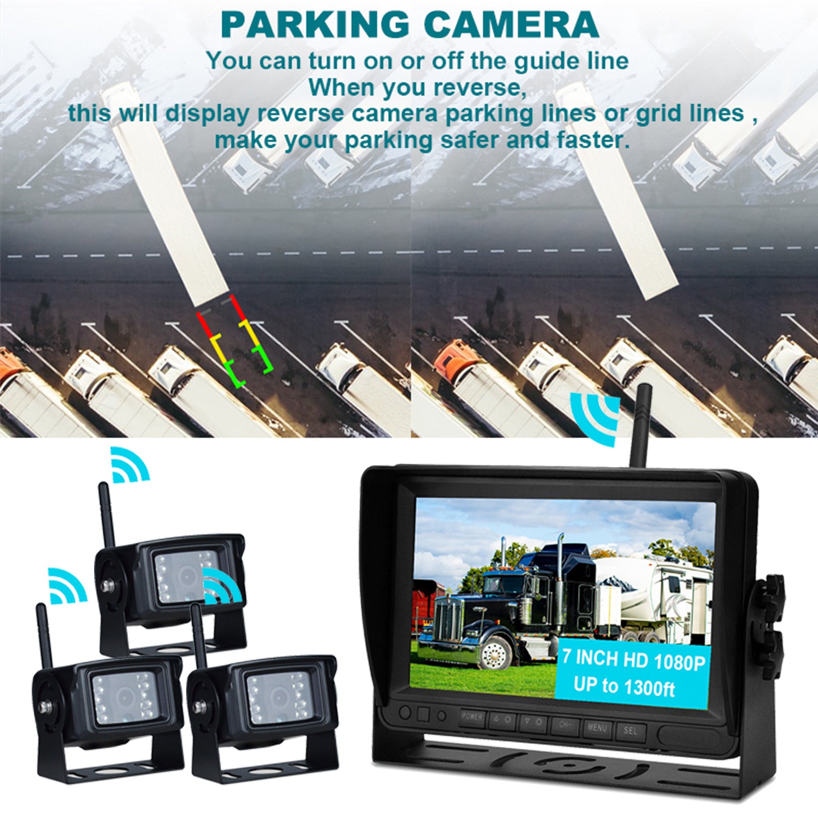 3 Camera Wireless AHD 1080P Backup Camera System with 7" Split Screen Monitor & DVR Recording for Truck, RV, Trailer