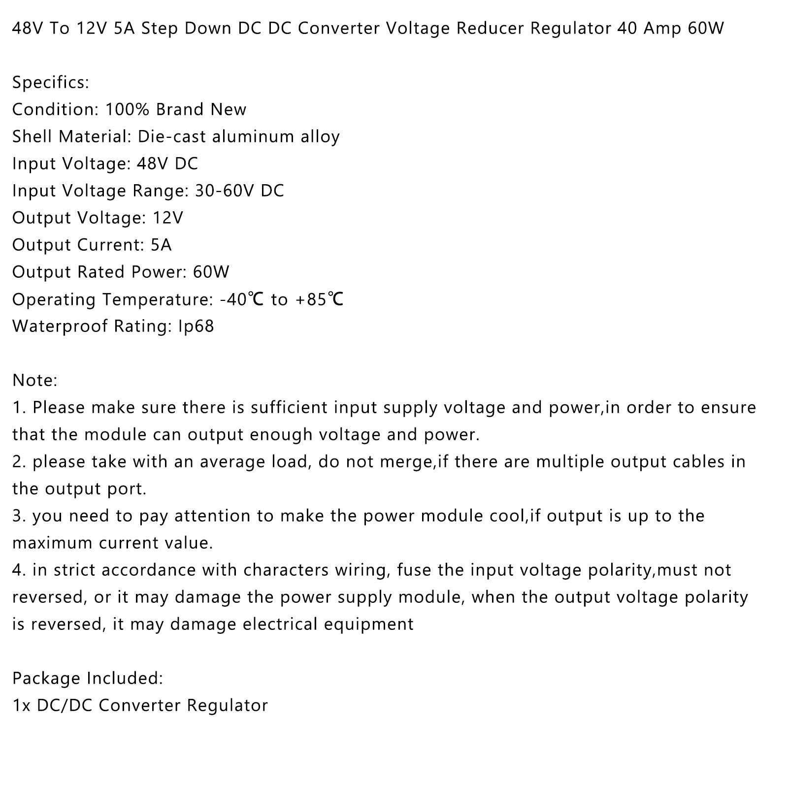 WaterProof 48V to 12V 5A 60W Step Down DC/DC Power Converter Regulator
