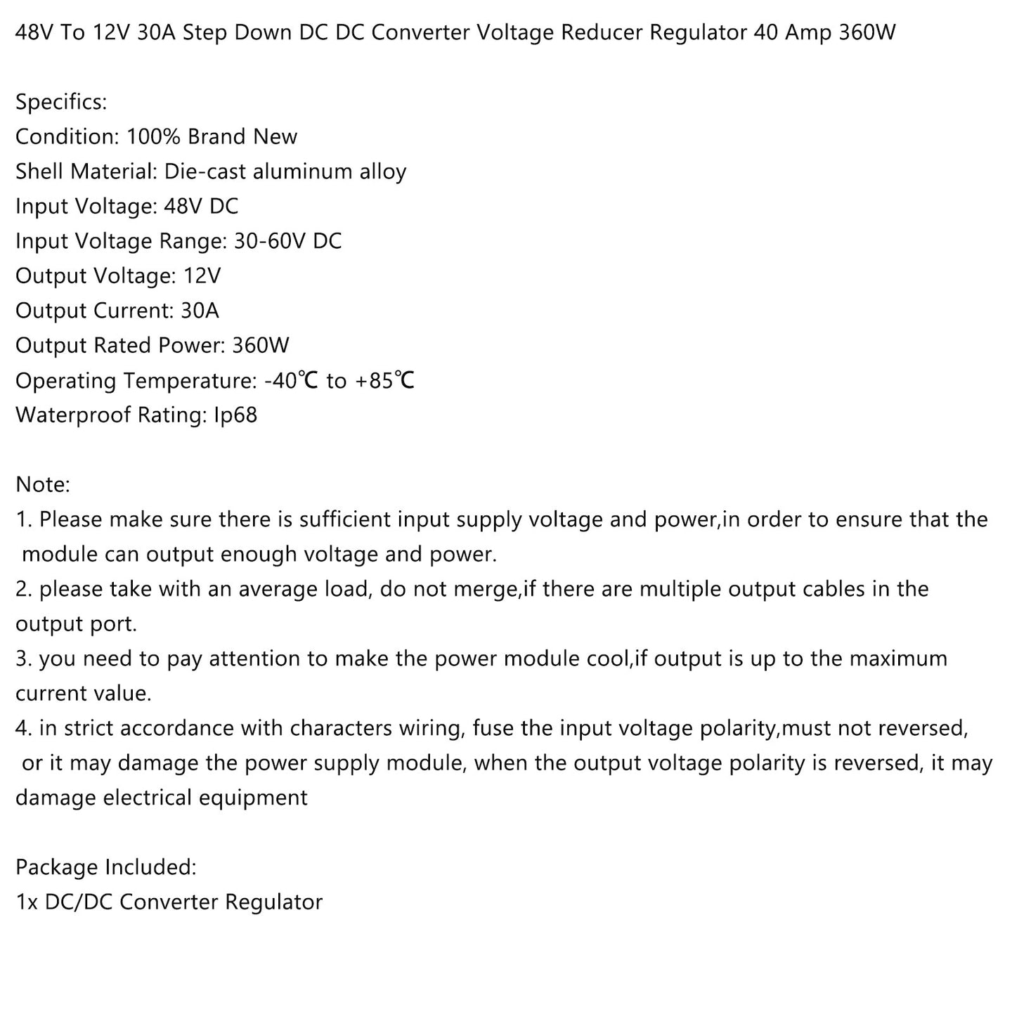 48V to 12V 30A 360W WaterProof Step Down DC/DC Power Converter Regulator