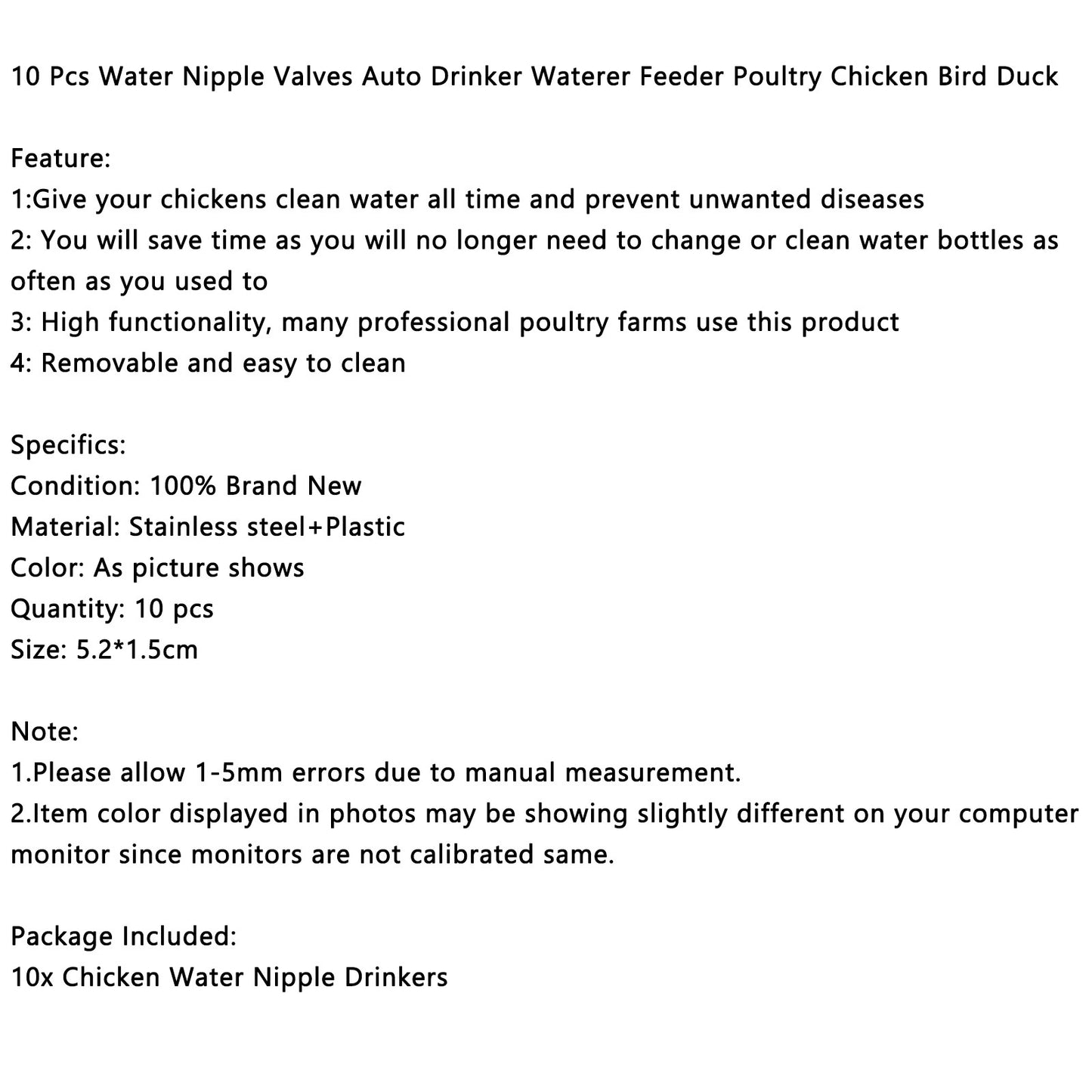 10 Pcs Water Nipple Valves Auto Drinker Waterer Feeder Poultry Chicken Duck Bird