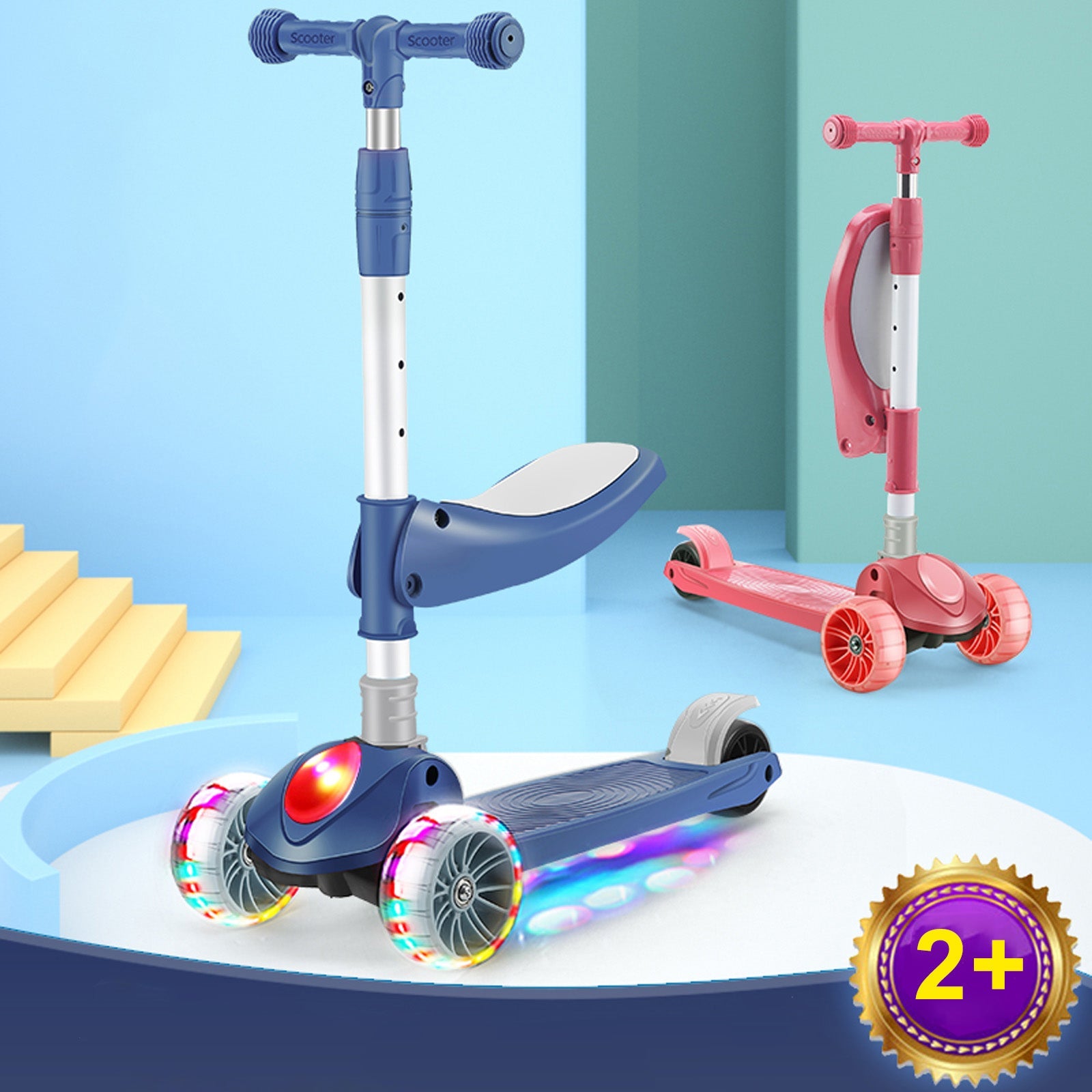 2-in-1 Kids Scooter Foldable Seat Light 3 Wheel Adjustable Folding Bar Blue/Pink