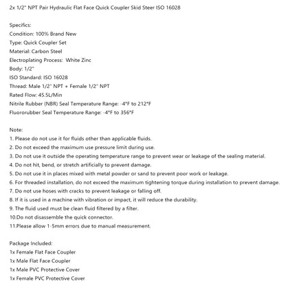 1/2  NPT Pair Hydraulic Flat Face Quick Coupler Skid Steer Fits Bobcat ISO 1602