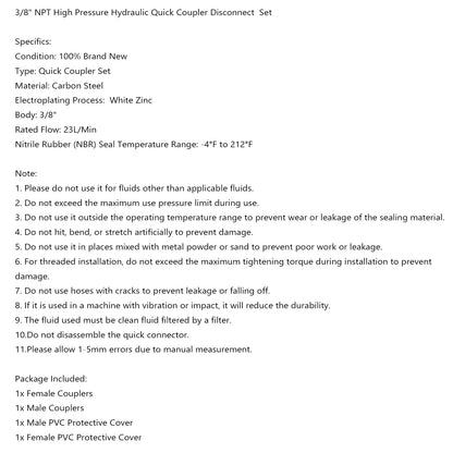 000 PSI High Pressure Hydraulic Quick Coupler Couplings Set 1Set NPT 3/8 10 US