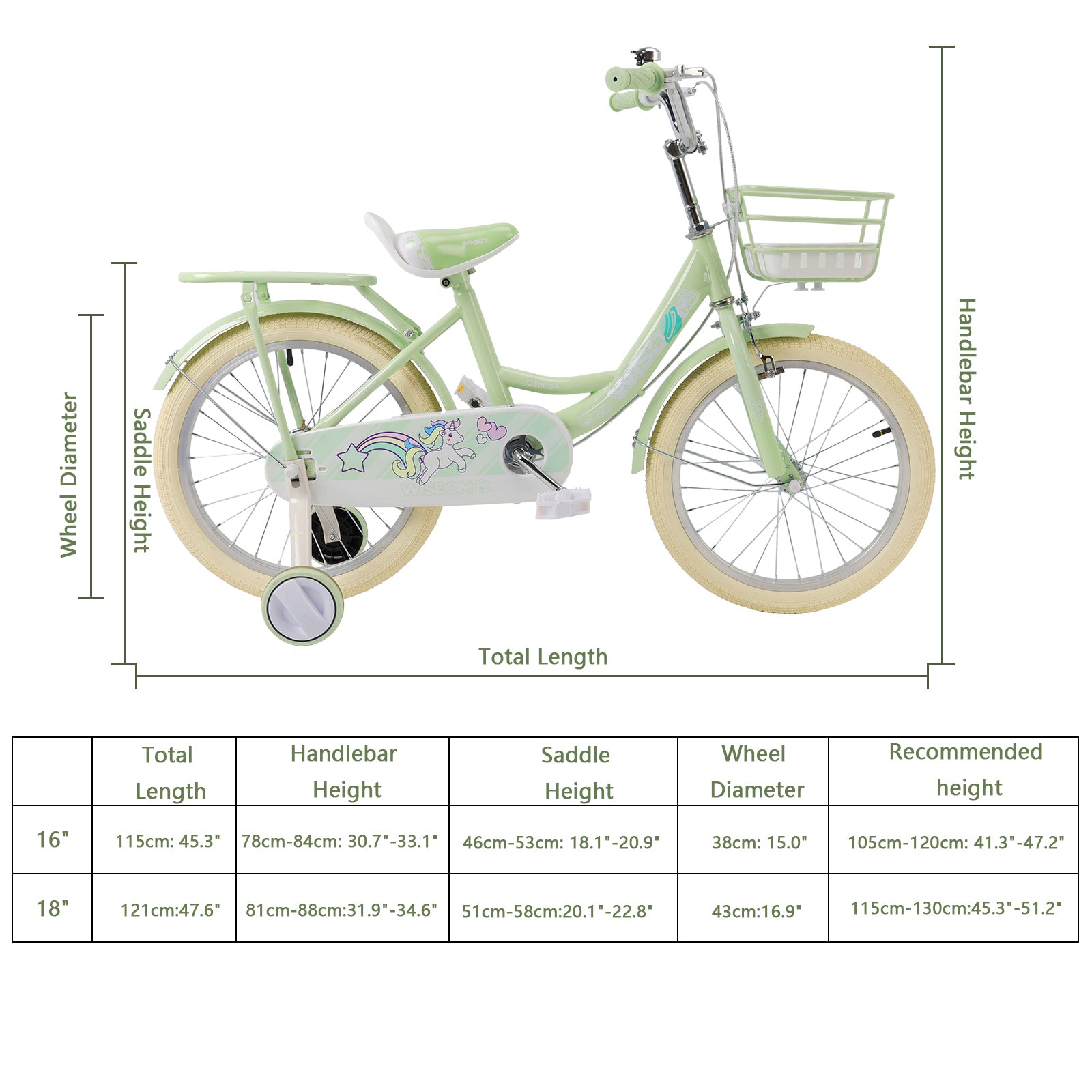 18" Child Bicycle Girls Bike with auxiliary wheels & Rack & Basket Green