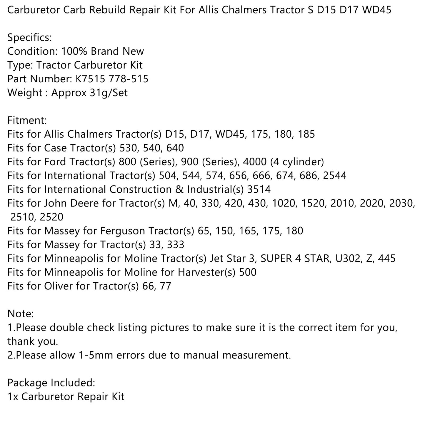 Carburetor Carb Rebuild Repair Kit For Allis Chalmers Tractor S D15 D17 WD45