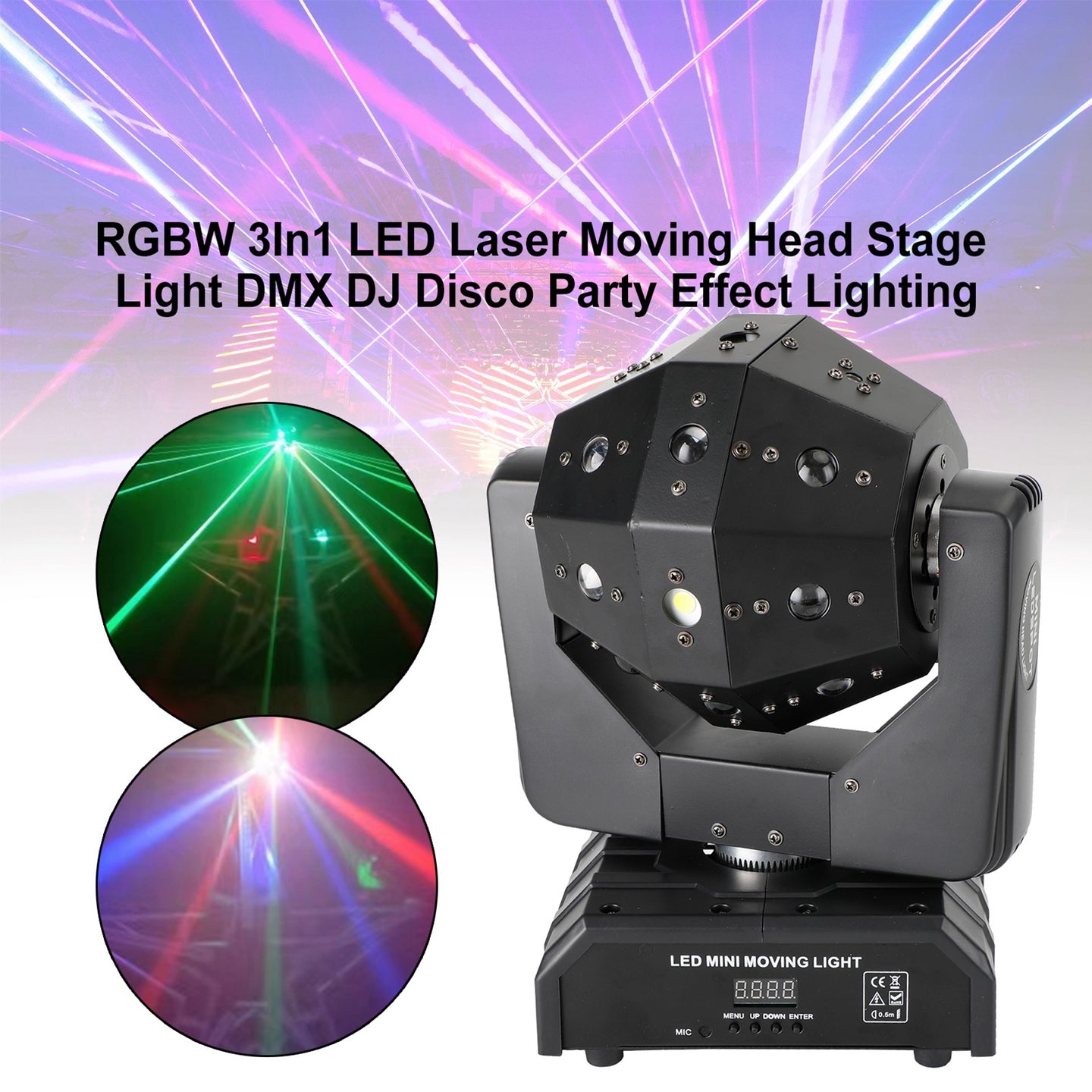 3-in-1 LED Moving Head DJ Light with RGBW Wash, Laser & Strobe Effects, DMX Controlled Party Stage Lighting