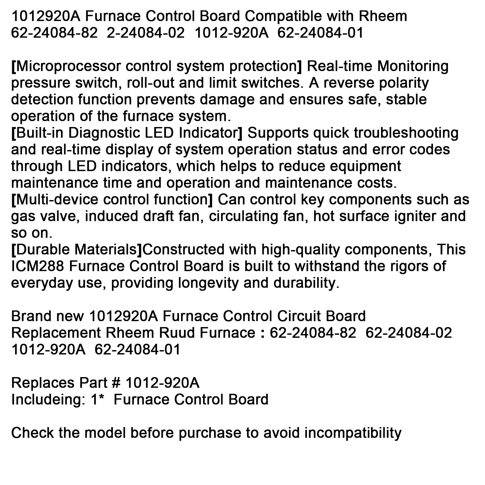 1012920A Furnace Control Board Compatible with Rheem 62-24084-82 2-24084-02