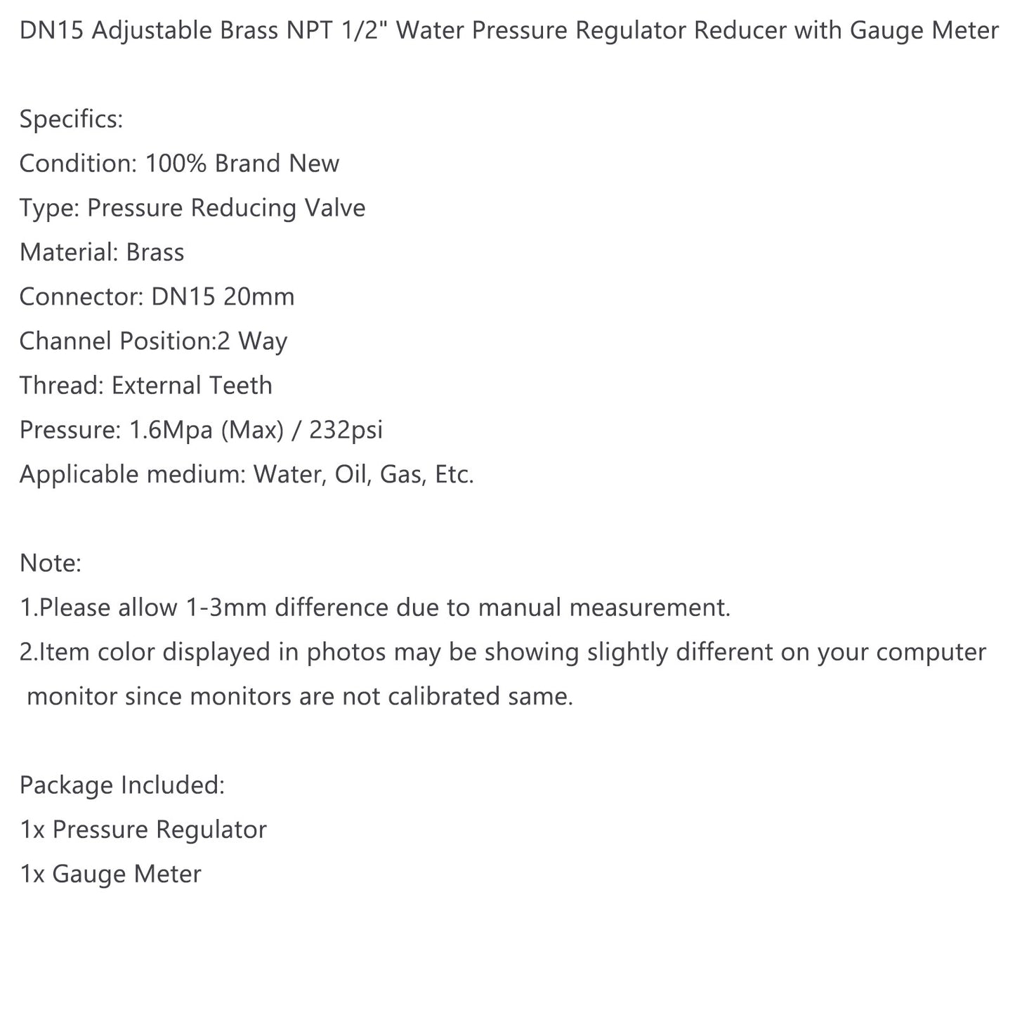 DN15 Adjustable Brass NPT 1/2 Water Pressure Regulator Reducer w/ Gauge Meter E