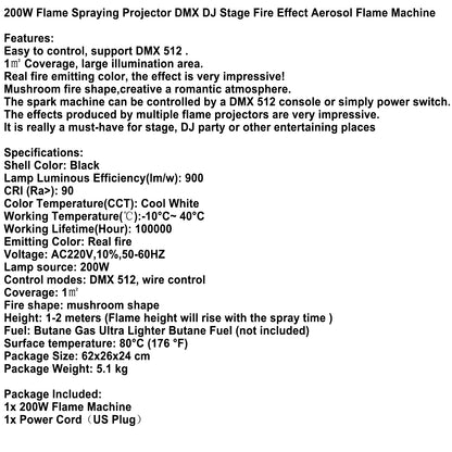 200W Flame Spraying Projector DMX DJ Stage Fire Effect Aerosol Flame Machine