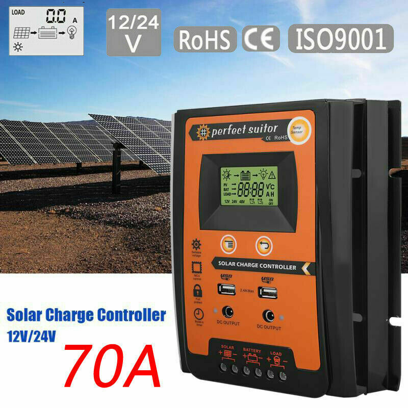 Battery Panel Dual USB 12/24V Solar Charger Controller 70A Regulator