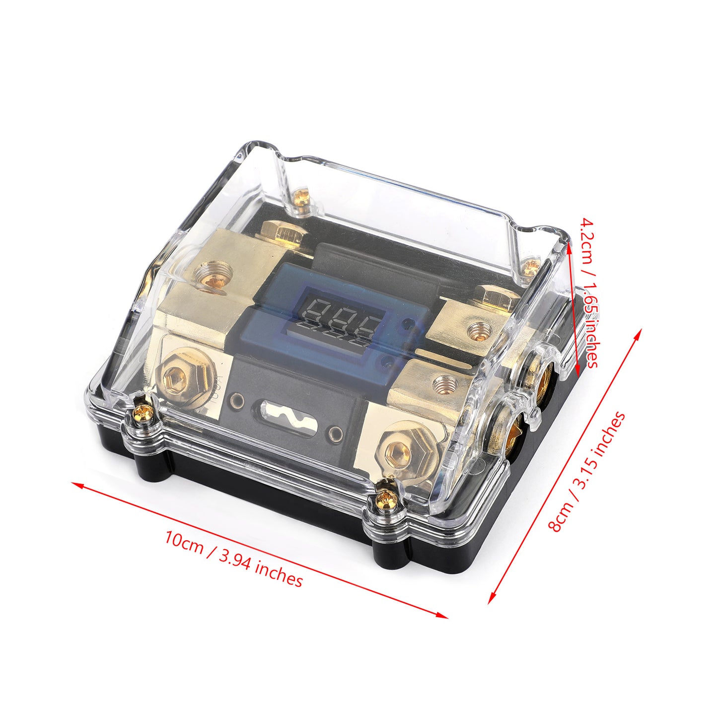 LED Display 1x0 IN 2x4GA OUT Distribution Block Fuse Holder Clear Cover Nickel Plated Splitter Heat resistant plastic housing for Car Audio Marine