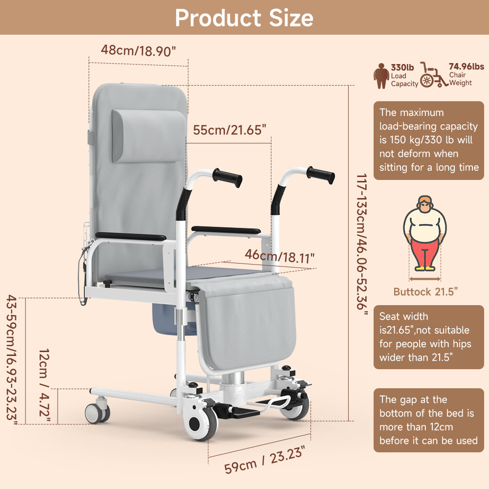 4-in-1 Lift Wheelchair, Waterproof, Shower/Toilet/Transfer, 150 kg Capacity