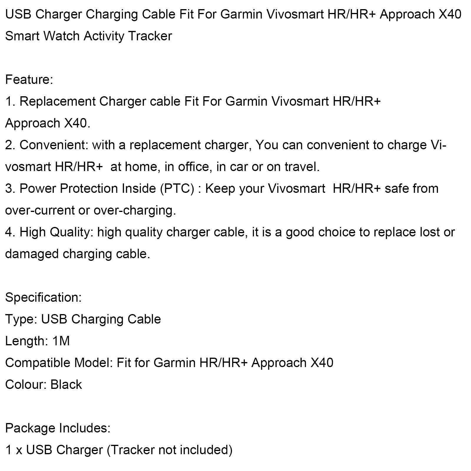 USB Charger Charging Data Cable Cord Fit for Garmin Vivosmart HR/HR+ Watch