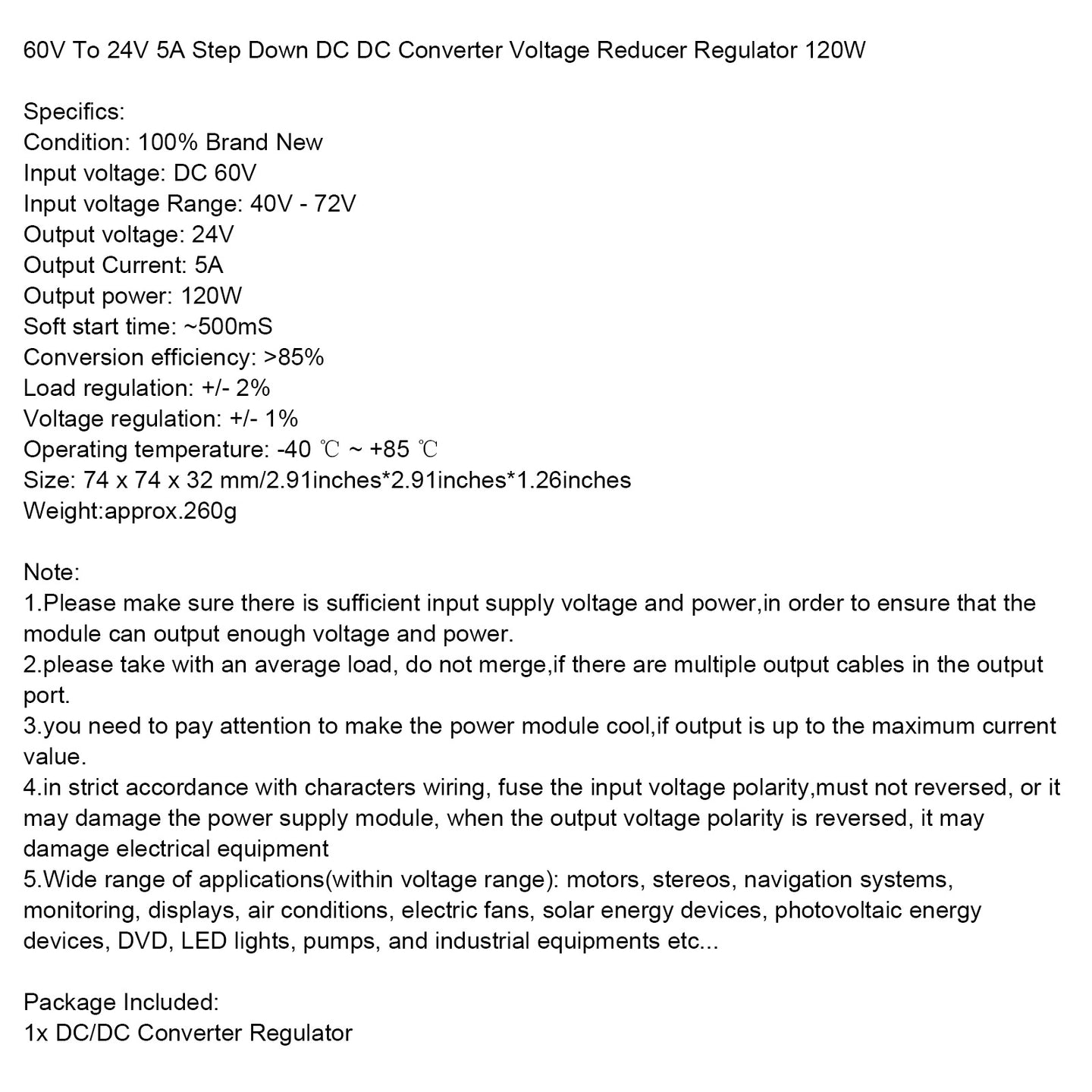 WaterProof 60V to 24V 5A Step Down DC/DC Power Converter Regulator