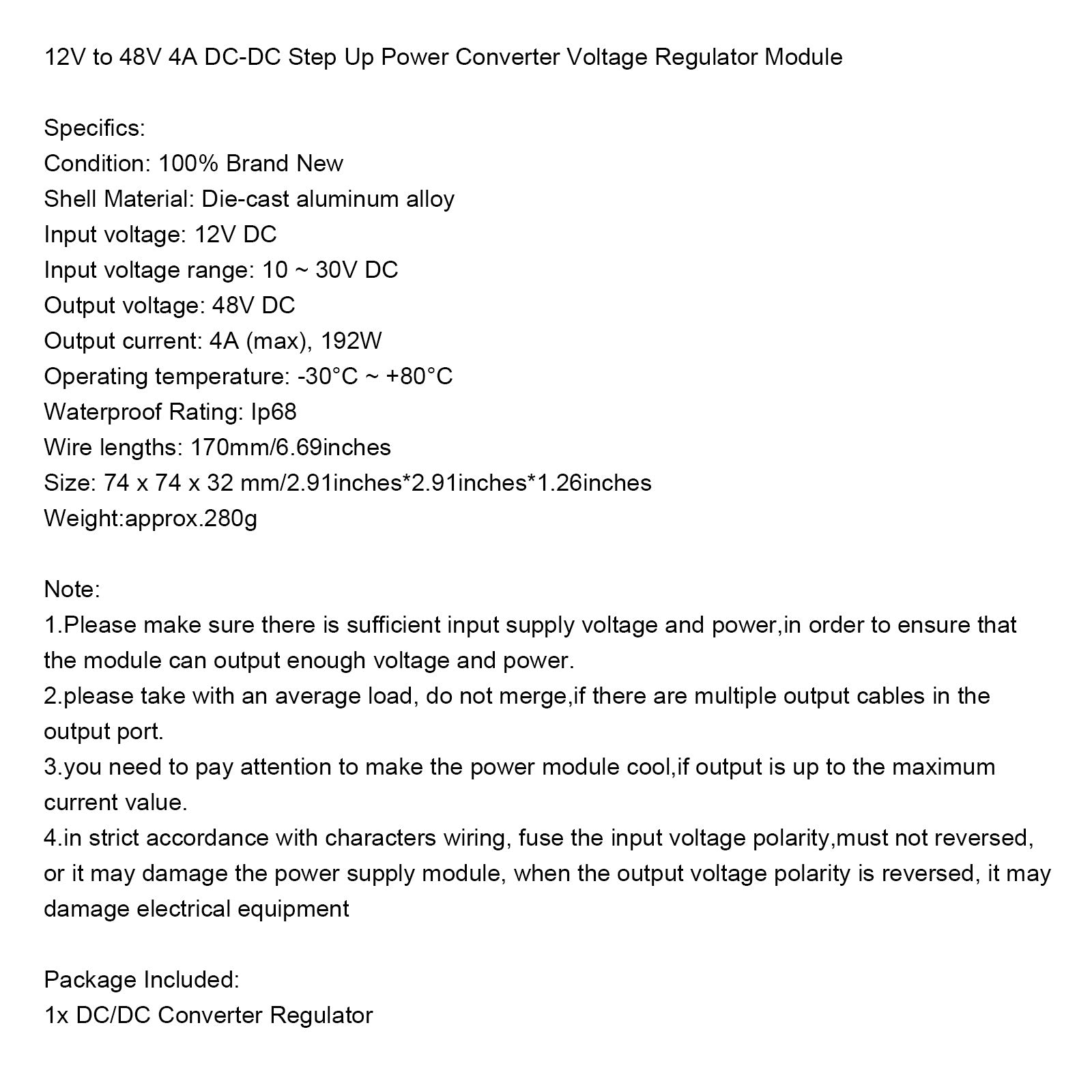 Waterproof 12V Step Up to 48V 4A 192W DC/DC Converter Regulator