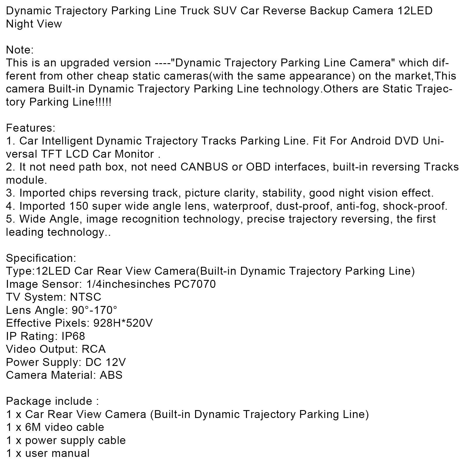 Dynamic Trajectory 12Led Car Rear View Reverse Backup Parking Camera Night View