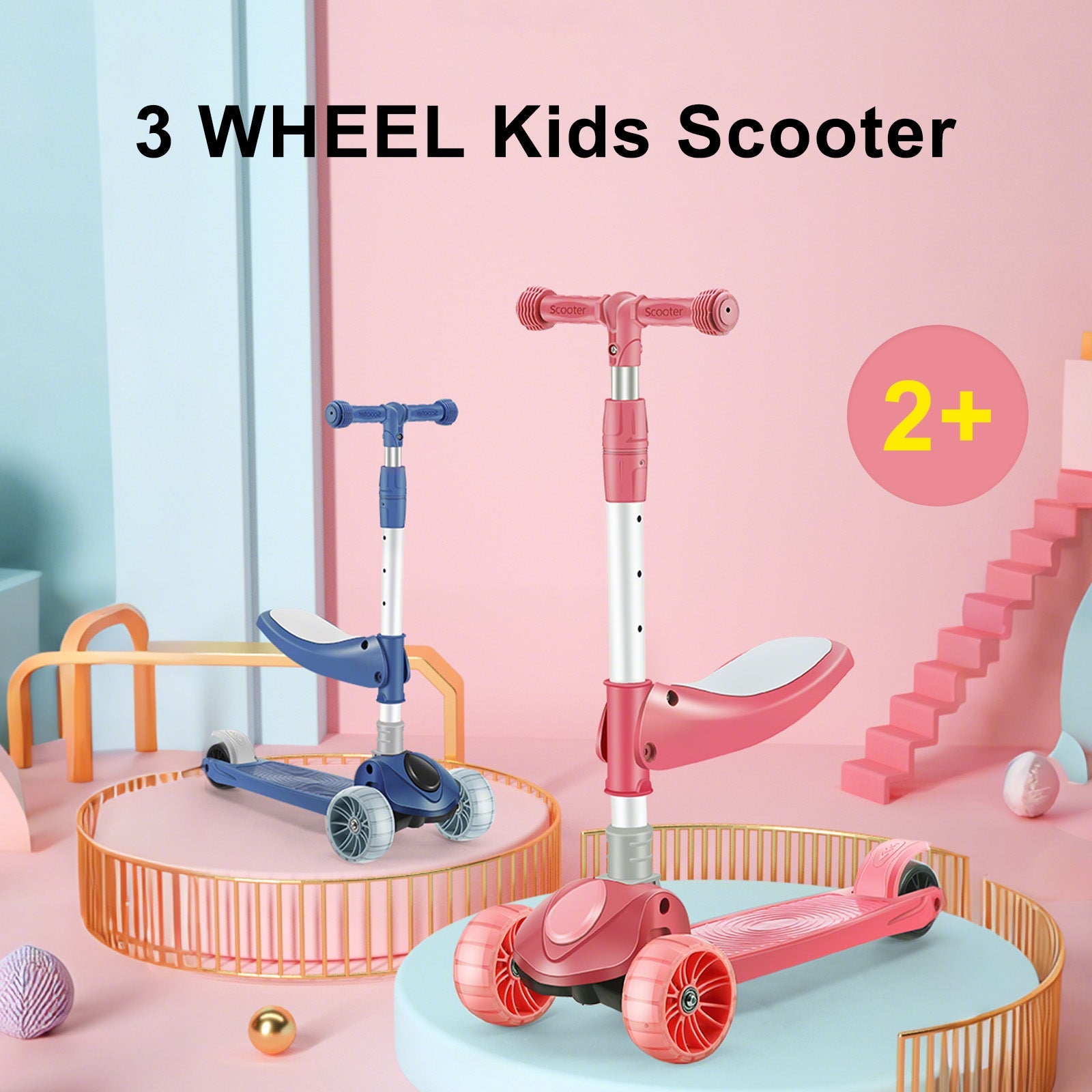 2-in-1 Kids Scooter Foldable Seat Light 3 Wheel Adjustable Folding Bar Blue/Pink