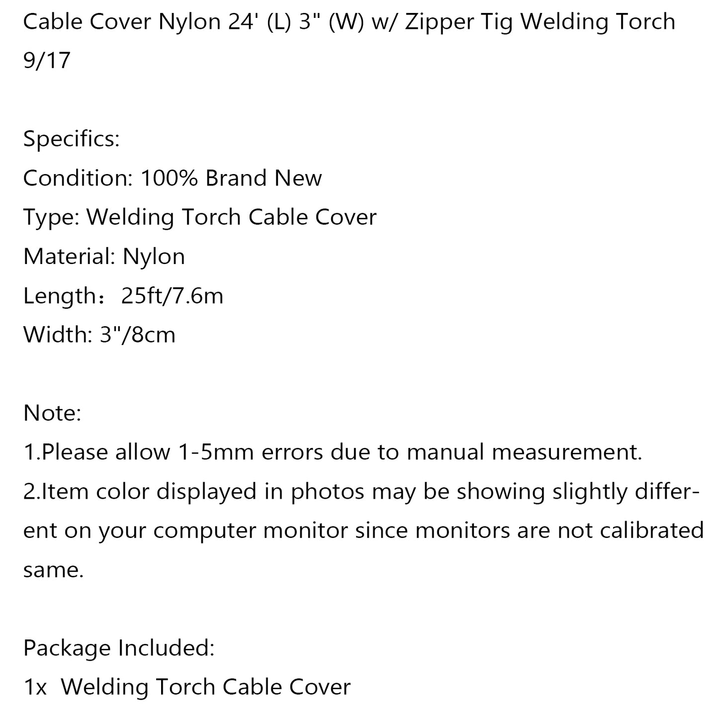 Cable Cover Nylon 24' (L) 3" (W) w/ Zipper Tig Welding Torch 9/17