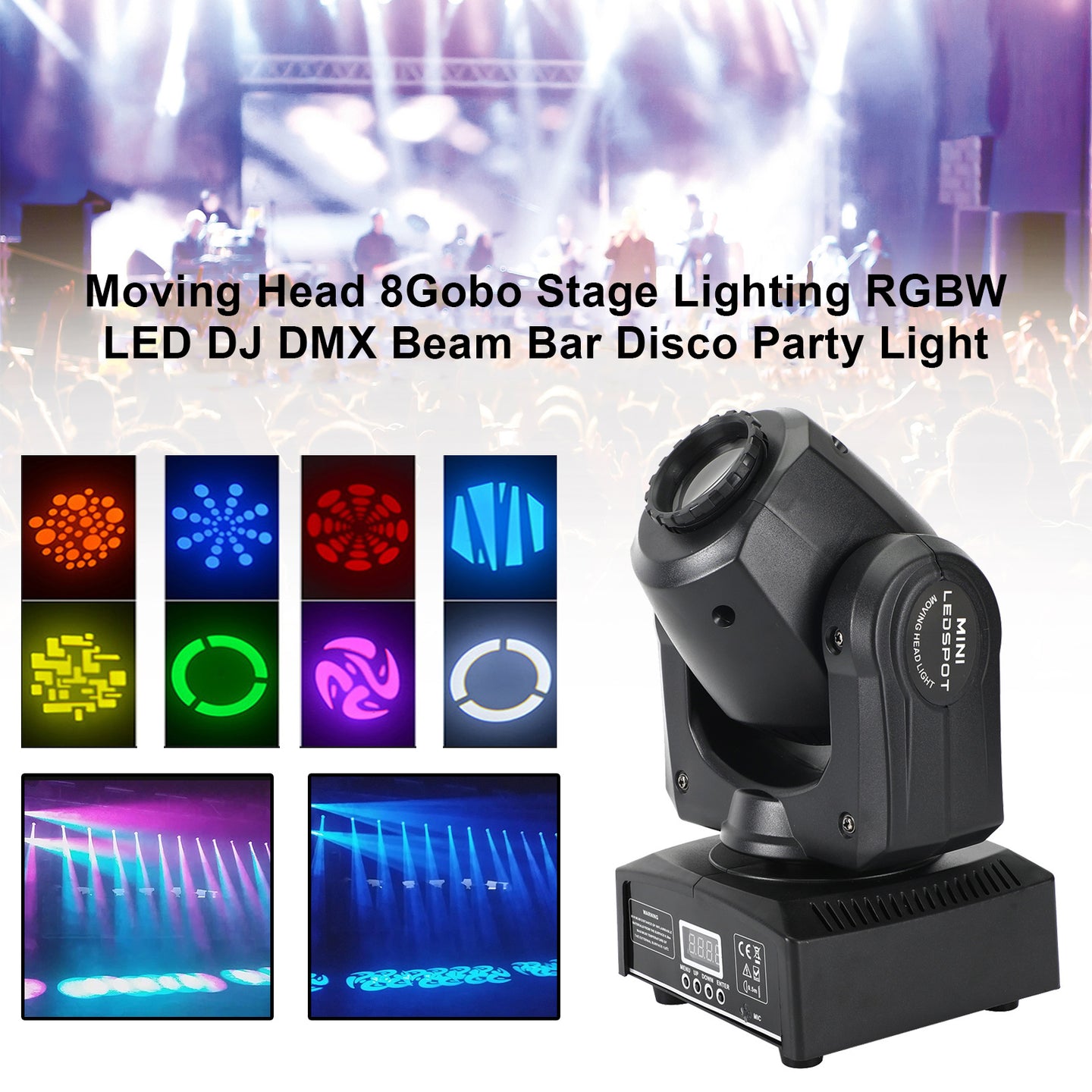 Mini Moving Head Stage Light with 8 Gobo Patterns, RGBW LED Beam, DMX & Sound Activated for DJ Party Lighting