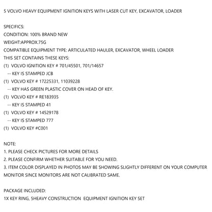 5Pcs For Volvo Heavy Equipment Ignition Keys W Laser Cut Key UE