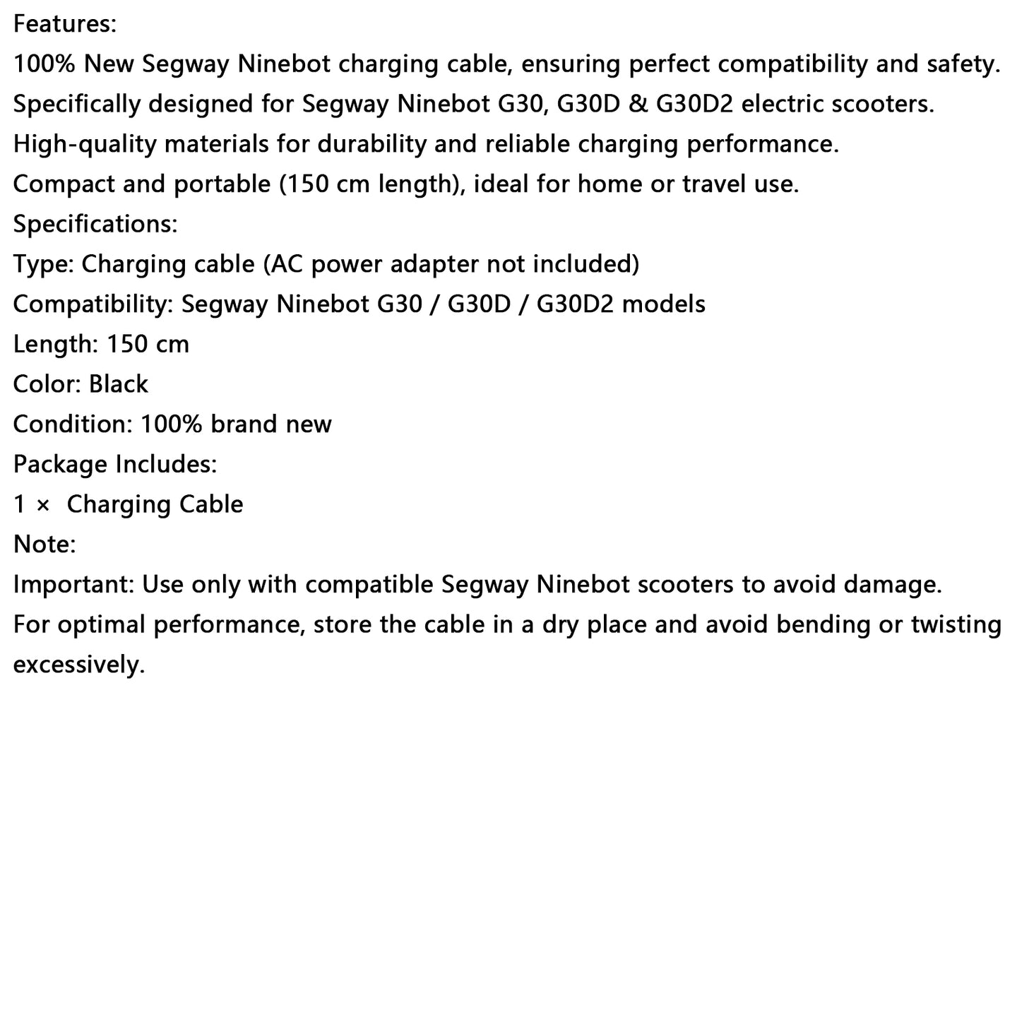 Charging Cable for Segway Ninebot MAX Electric Scooter G2/G30/G30P/P65/P100S