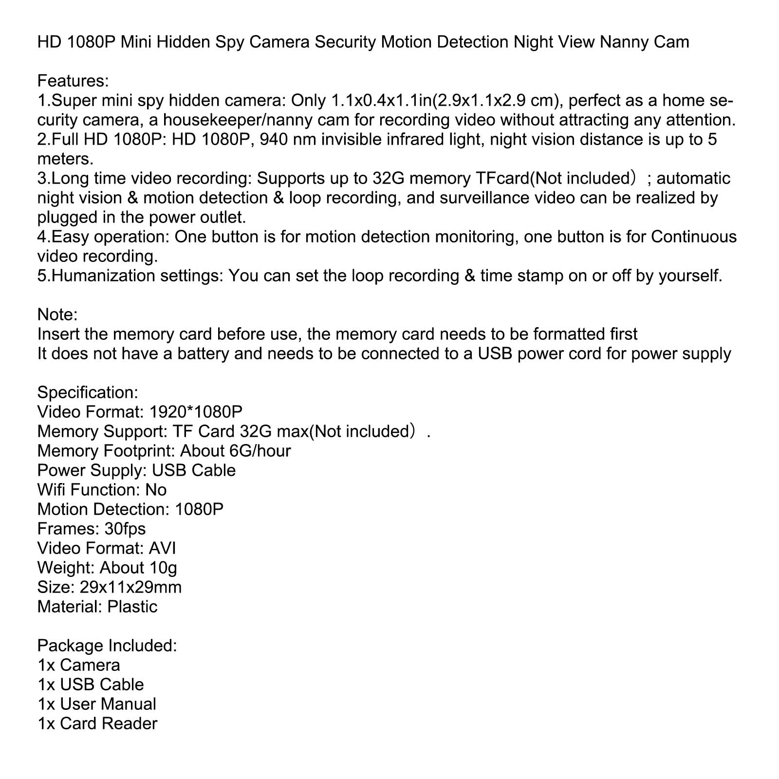 HD 1080P Mini Camera Night Vision Motion Security for Home Office