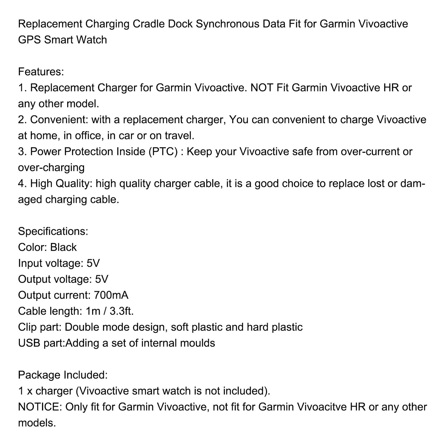 Replacement Charging Cradle Dock Synchronous Data for Vivoactive GPS Smart Watch
