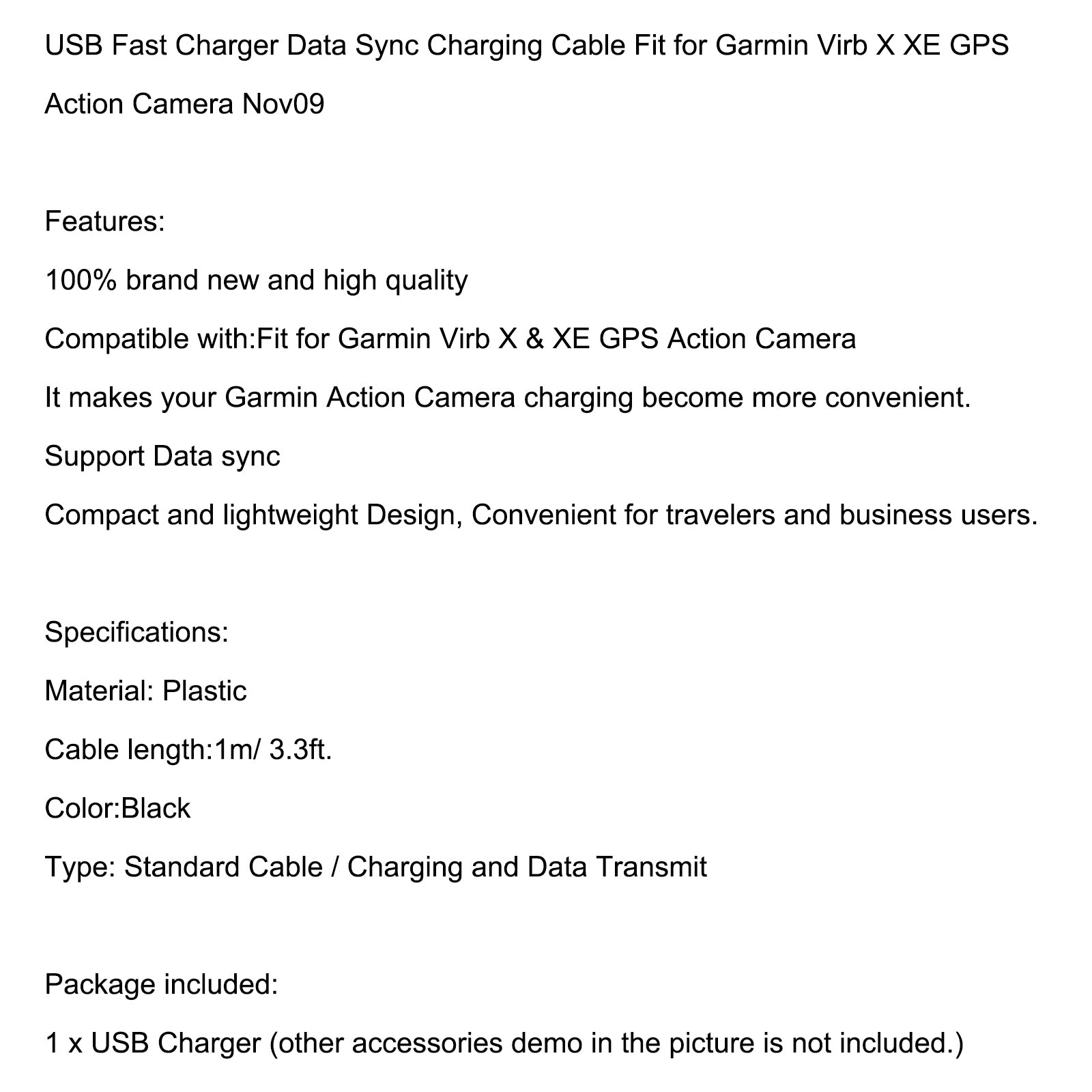 USB Fast Charger Data Sync Charging Cable for Virb X GPS XE GPS Action Camera