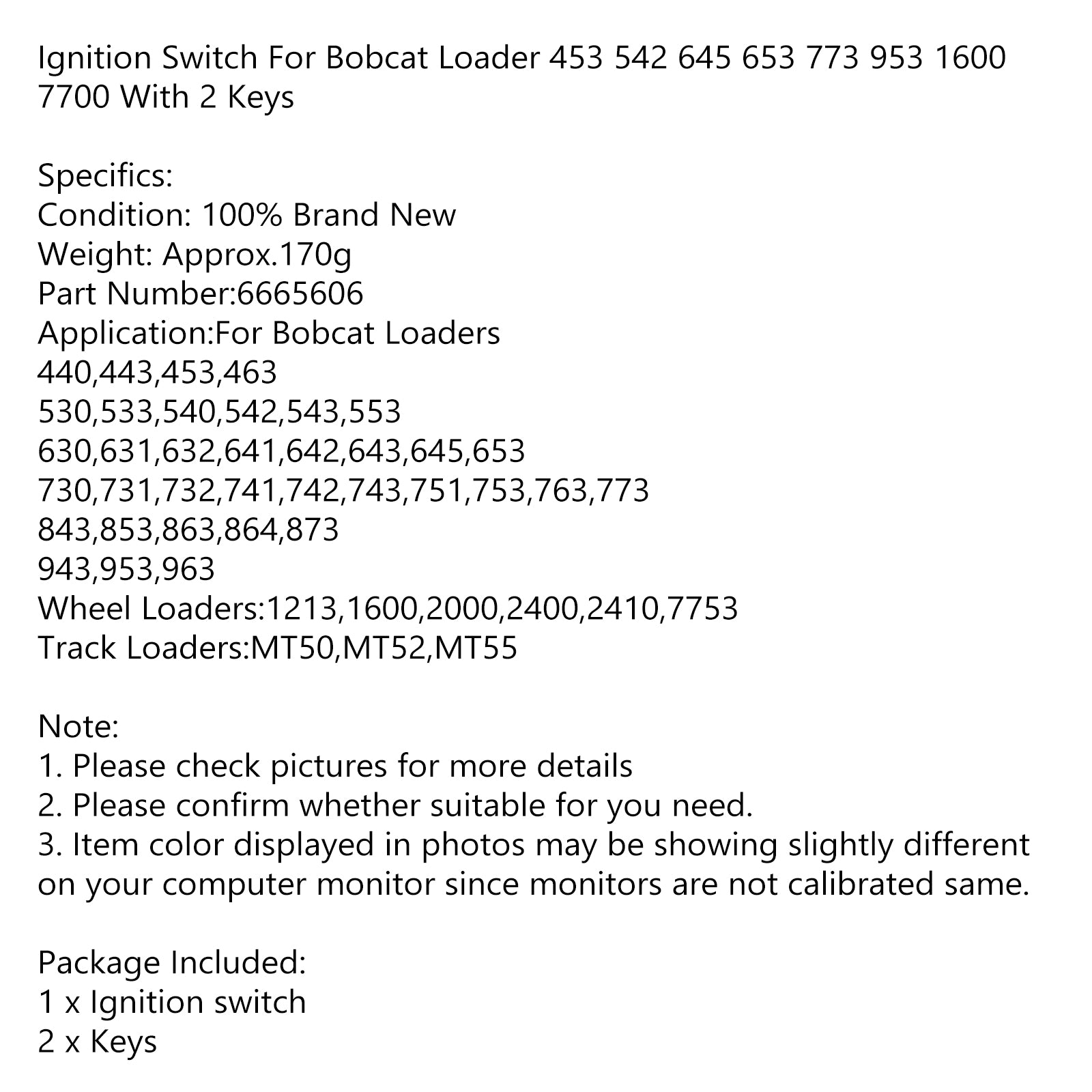 6665606 Ignition Key Switch with 2 Keys for Bobcat 453, 653, 753, 773, 863, 873, 963, MT52 Loaders