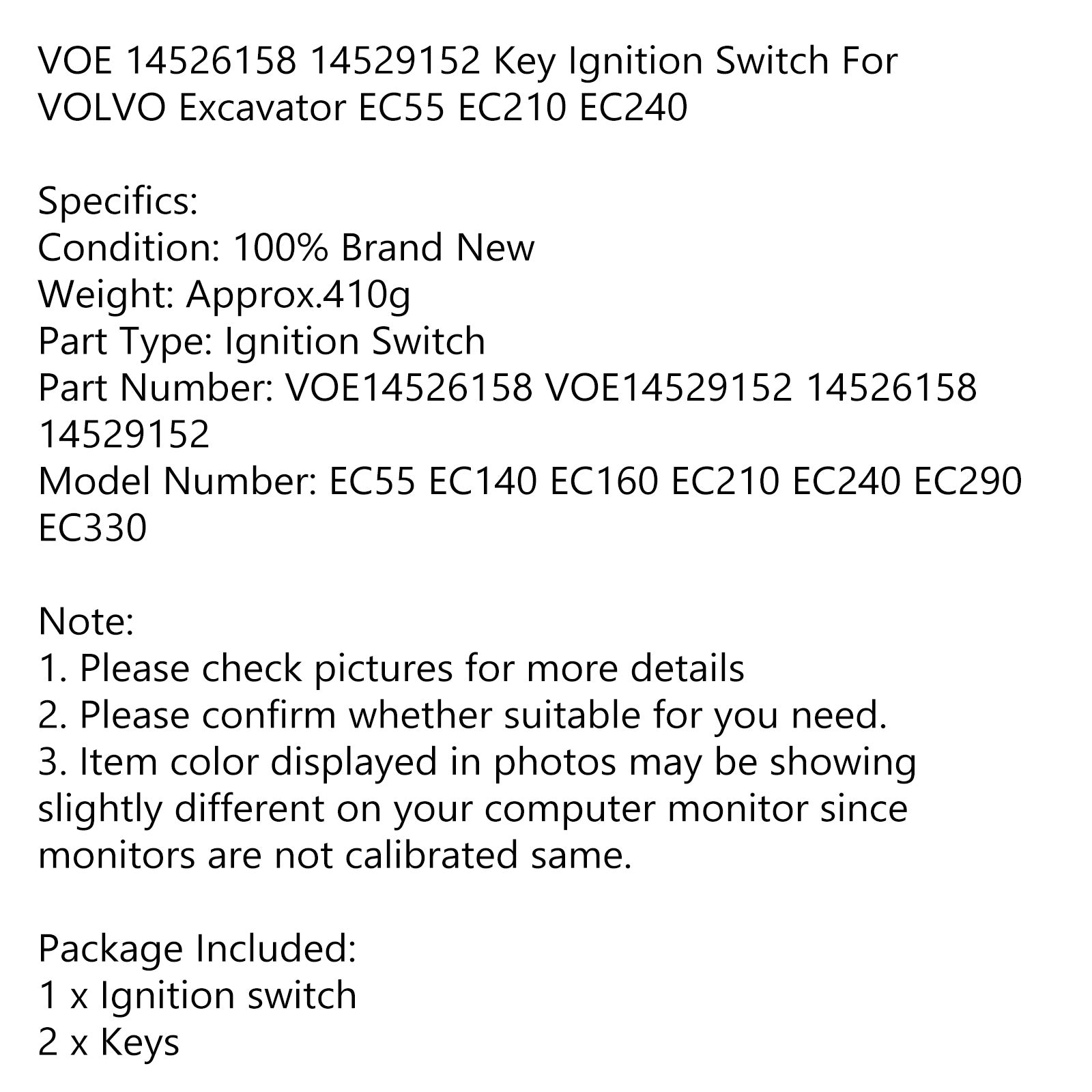 Ignition Switch For Volvo Excavator EC55 EC210 EC240 VOE 14526158 14529152 Key