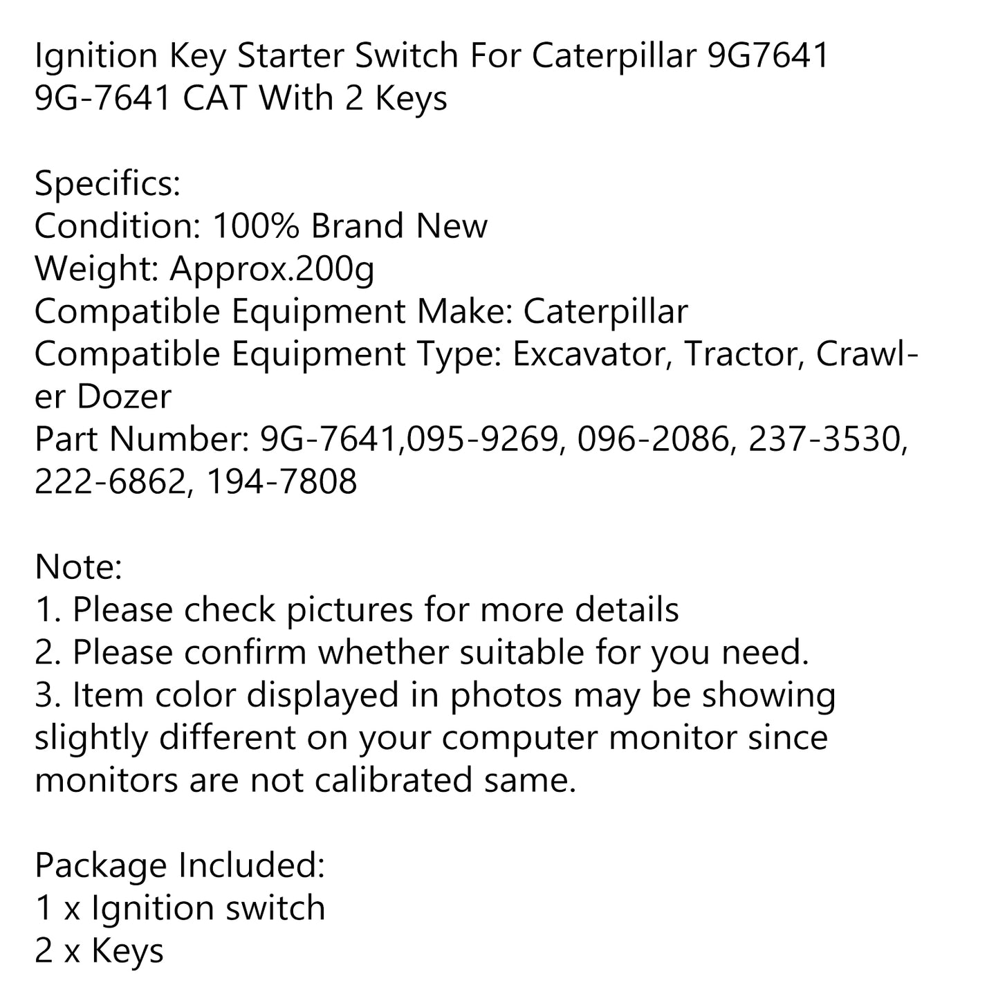 Starter Ignition Switch for Caterpillar 9G7641 – Includes 2 Keys