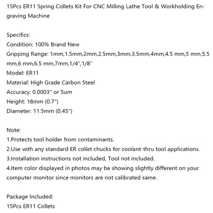 15Pcs ER11 Spring Collet Set For CNC Milling Lathe Tool Engraving Machine Steel