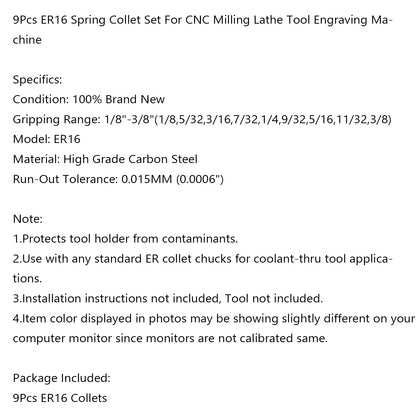 12Pcs ER16 Spring Collet Set For CNC Milling Lathe Tool Engraving Machine Steel