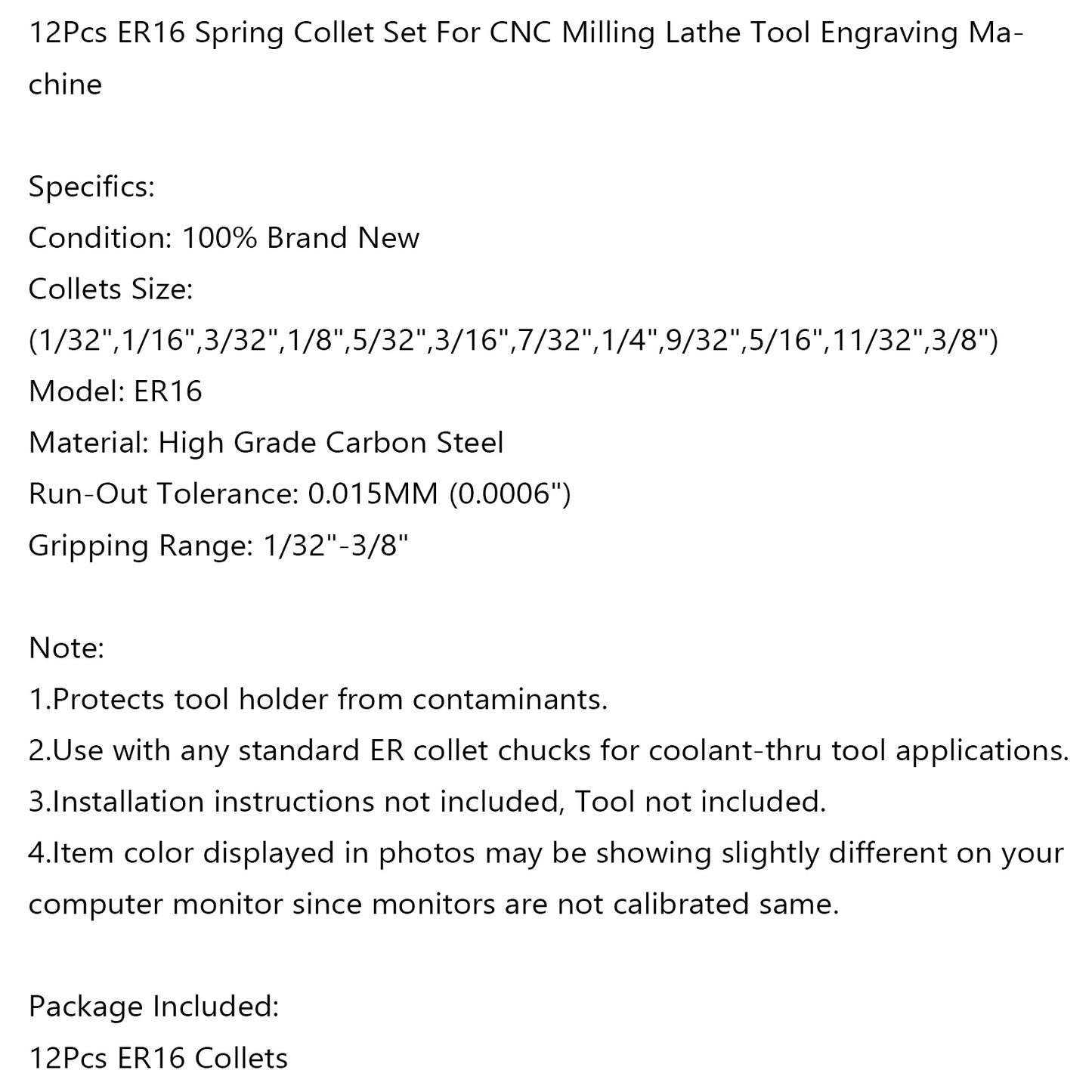 12Pcs ER16 Spring Collet Set For CNC Milling Lathe Tool Engraving Machine Steel