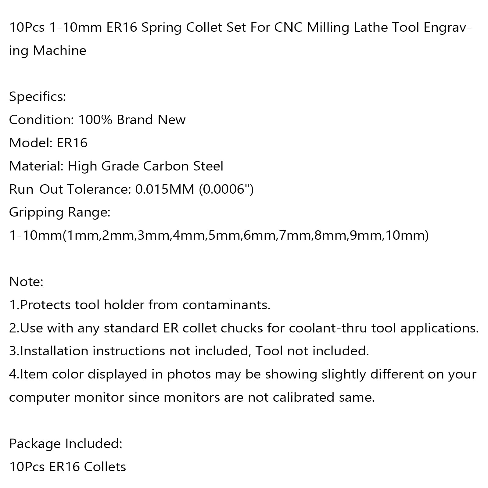 10Pcs ER16 Spring Collet Set For CNC Milling Lathe Tool Engraving Machine Steel, 10Pcs ER16(1-10mm)