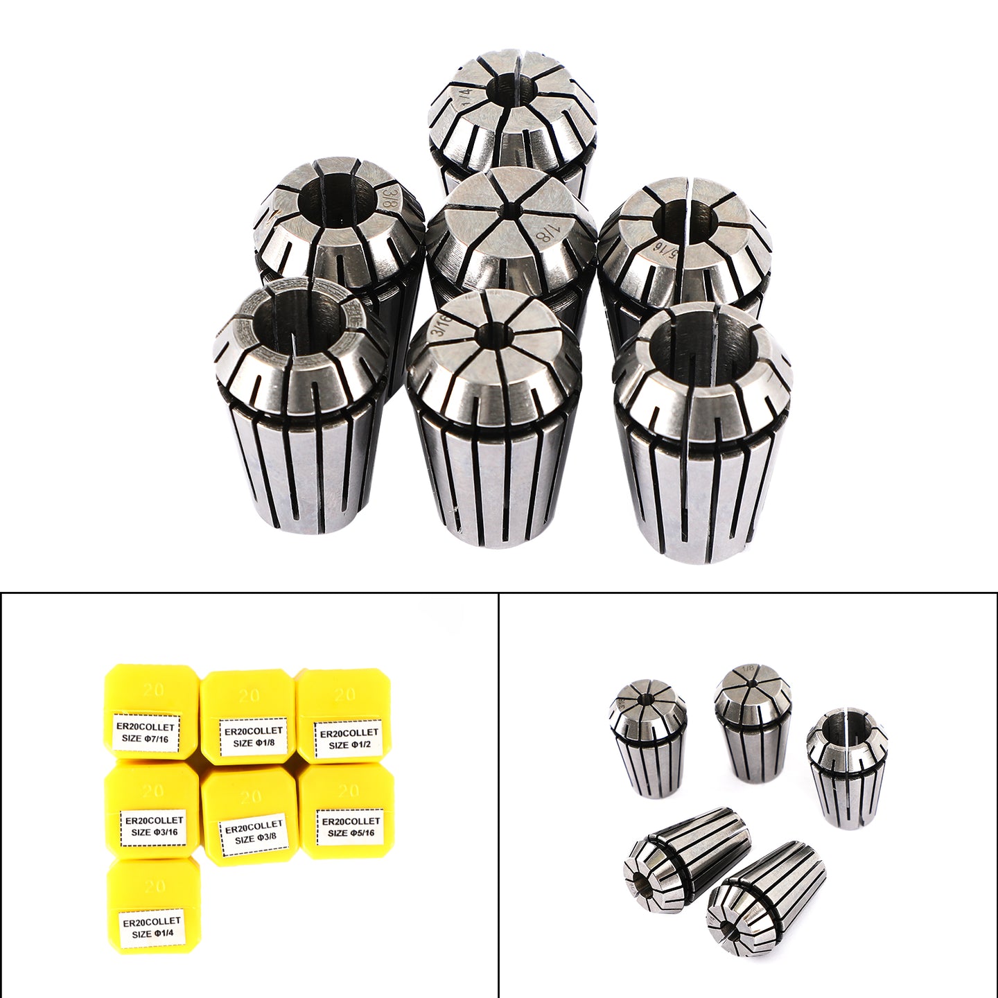 7Pcs ER20 Spring Collet Set For CNC Milling Lathe Tool Engraving Machine Steel, 7Pcs ER20(1/8-1/2")"